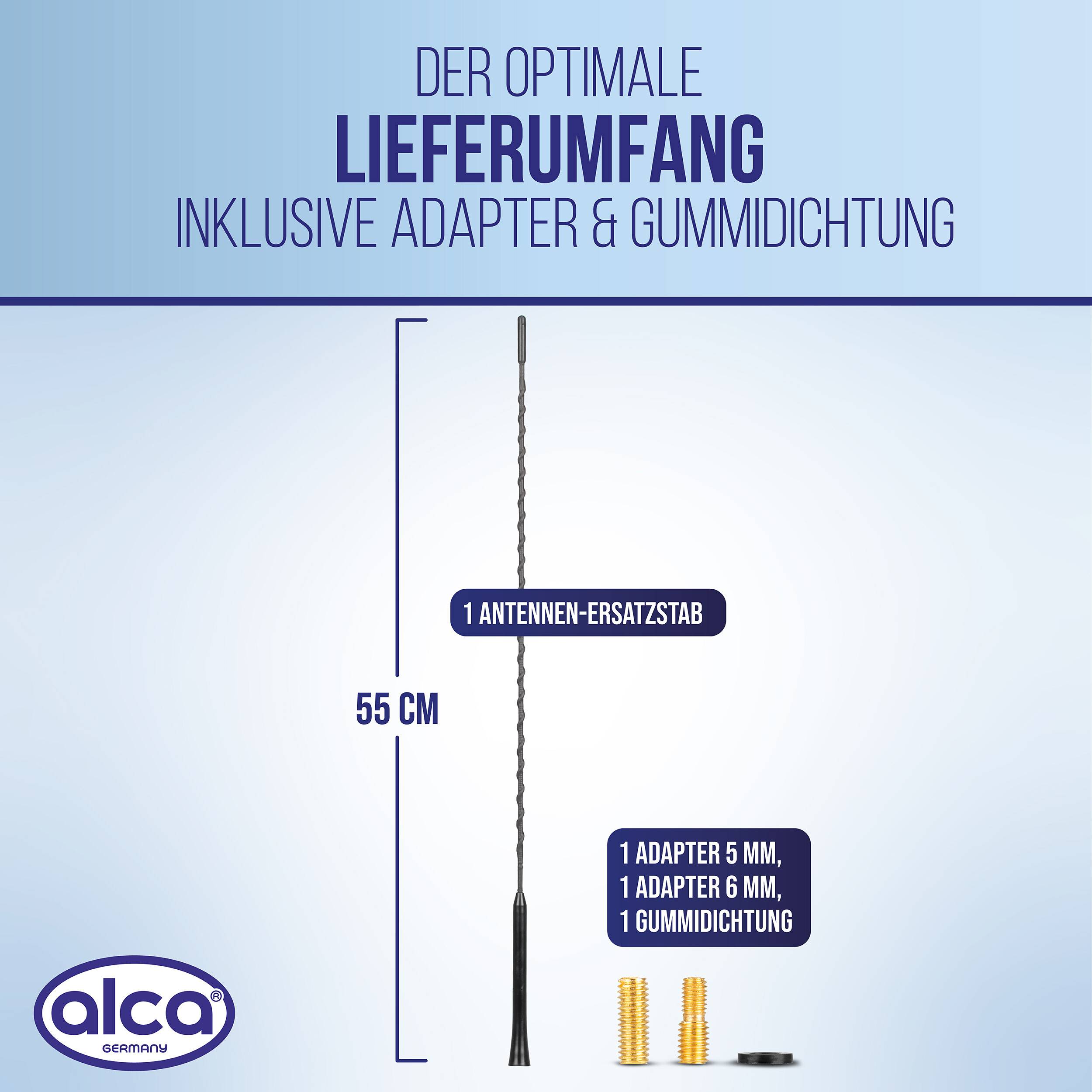 Deutsche Produktinfografik zeigt den optimalen Paketinhalt: 1 Antennenstab zum Austausch, 55 cm lang, plus 1 Adapter 5 mm, 1 Adapter 6 mm und 1 Gummidichtung.