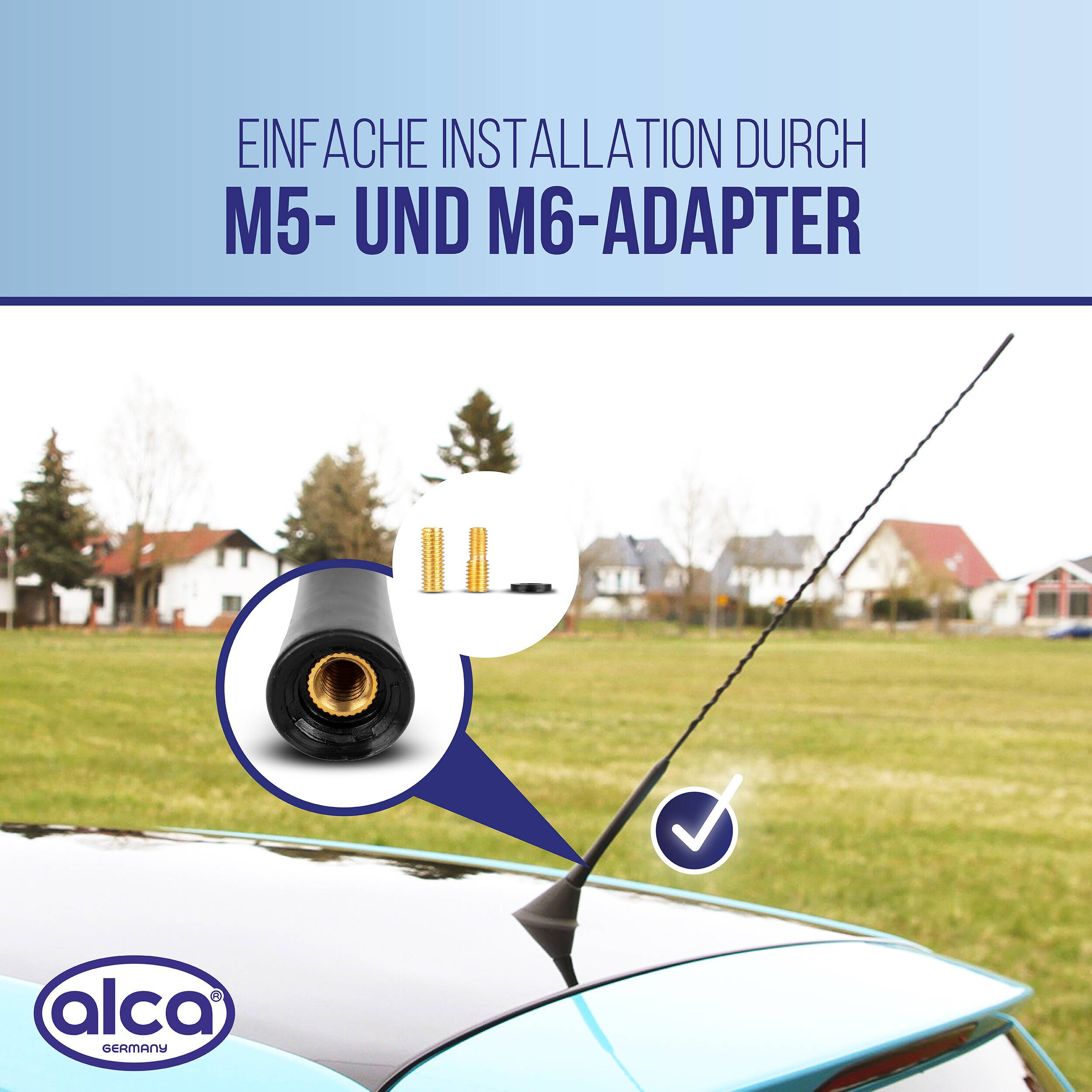 Alca Autoantennen-Anzeige zeigt 'Einfache Installation durch M5- und M6-Adapter' mit Antenne, Gewindeanpassern und Installationshäkchen.