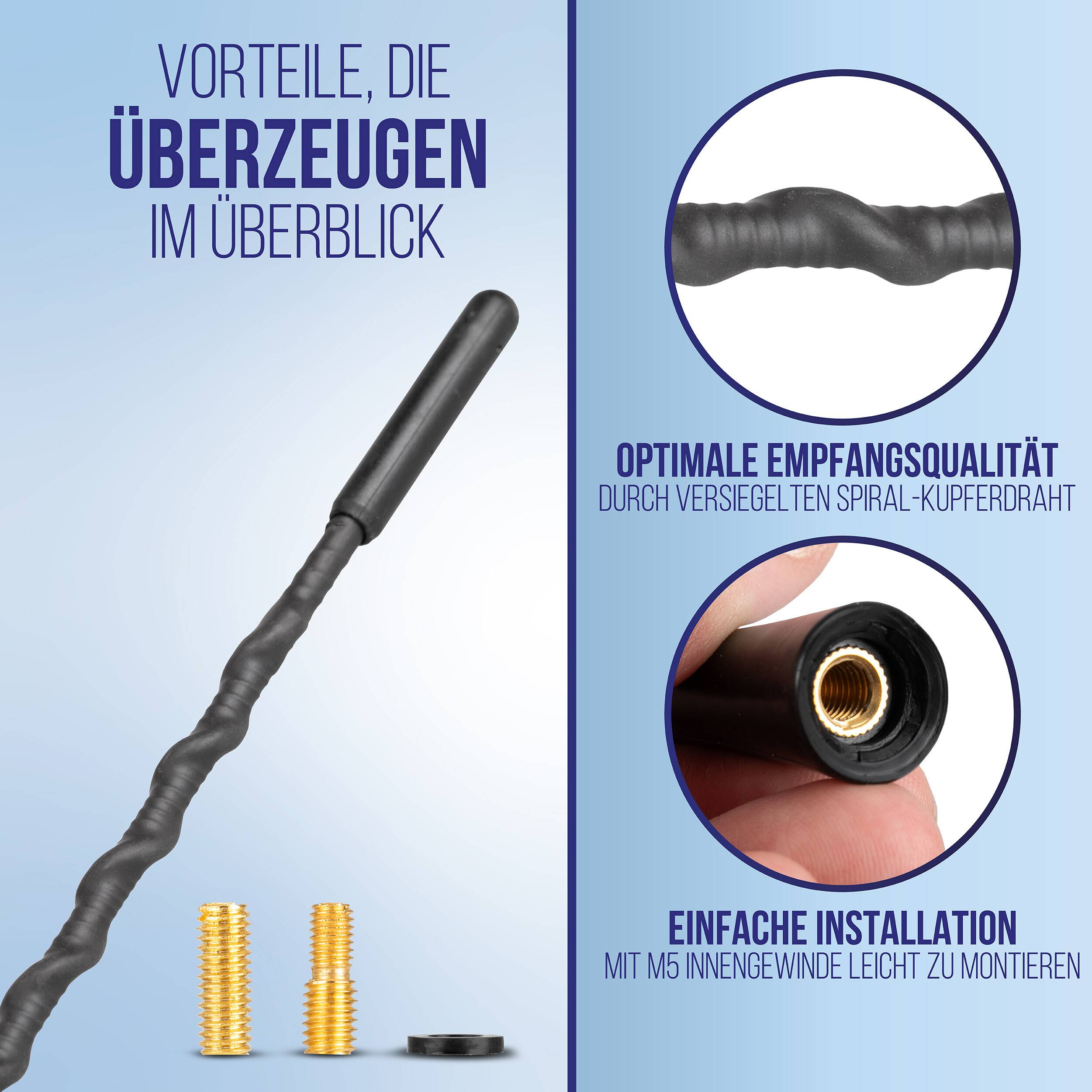 Infografik einer Antenne: zeigt eine schwarze flexible Peitsche mit Federbasis und Montageteilen, wobei „optimale Empfangsqualität