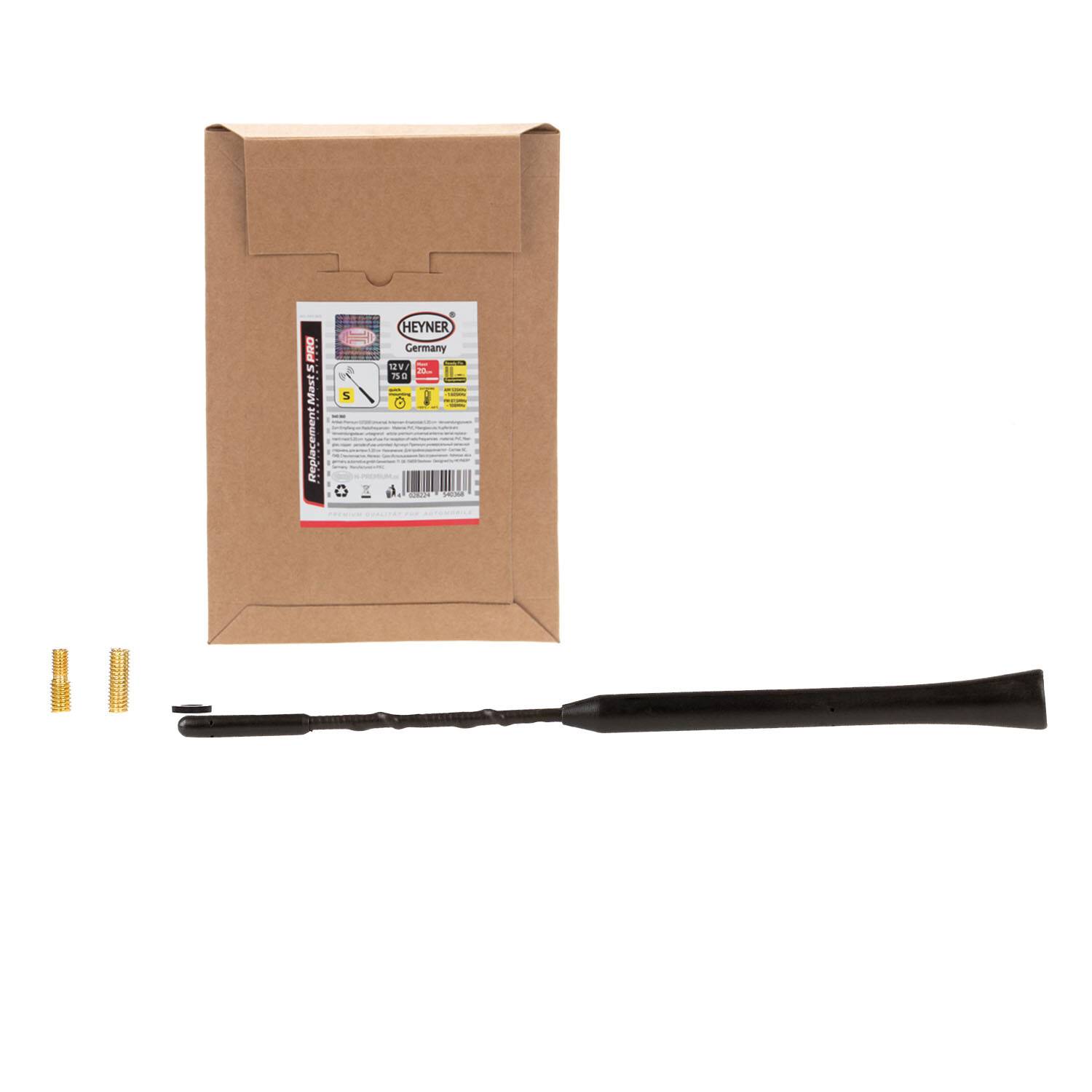 Braunes Paket mit Text, ein schwarzes Werkzeug und zwei kleine goldfarben Teile auf weißem Hintergrund angezeigt.