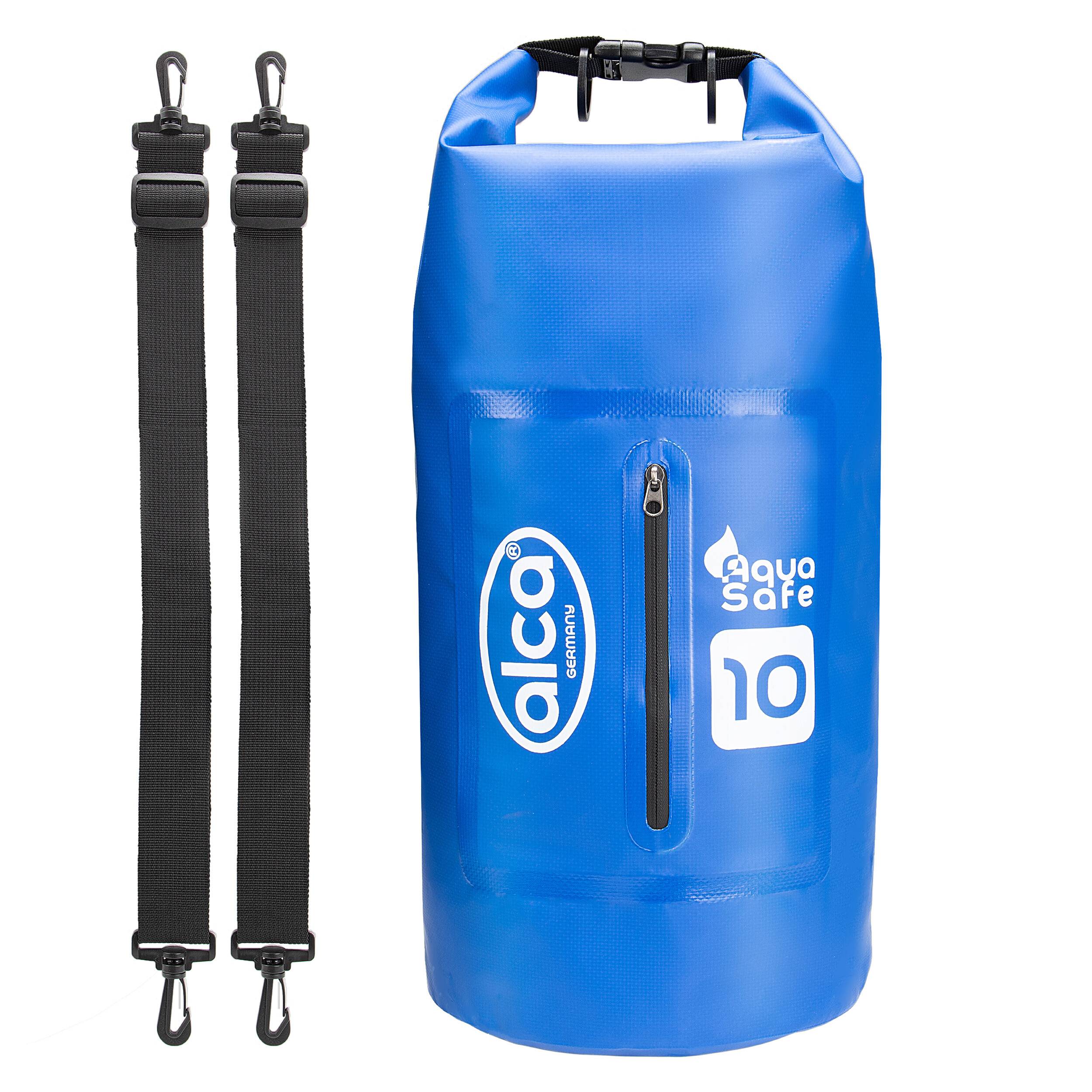 alca® Packsack wassergeschützt 10 l Volumen als Rucksack für Outdoor Blauer Trockenbeutel mit Rollverschluss, zwei