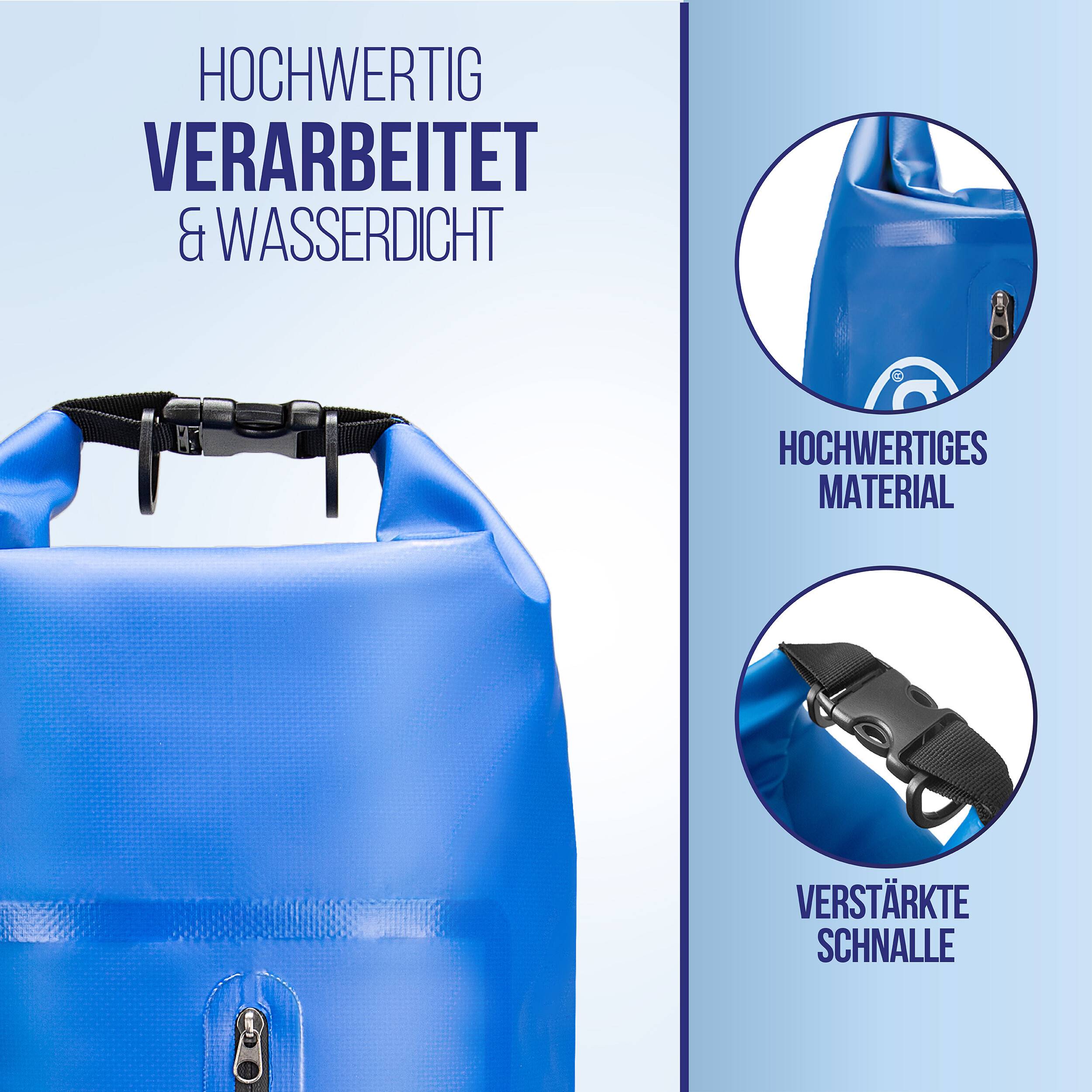 alca® Packsack wassergeschützt 10 l Volumen als Rucksack für Outdoor Blauer Trockenbeutel mit Rollverschluss, zwei