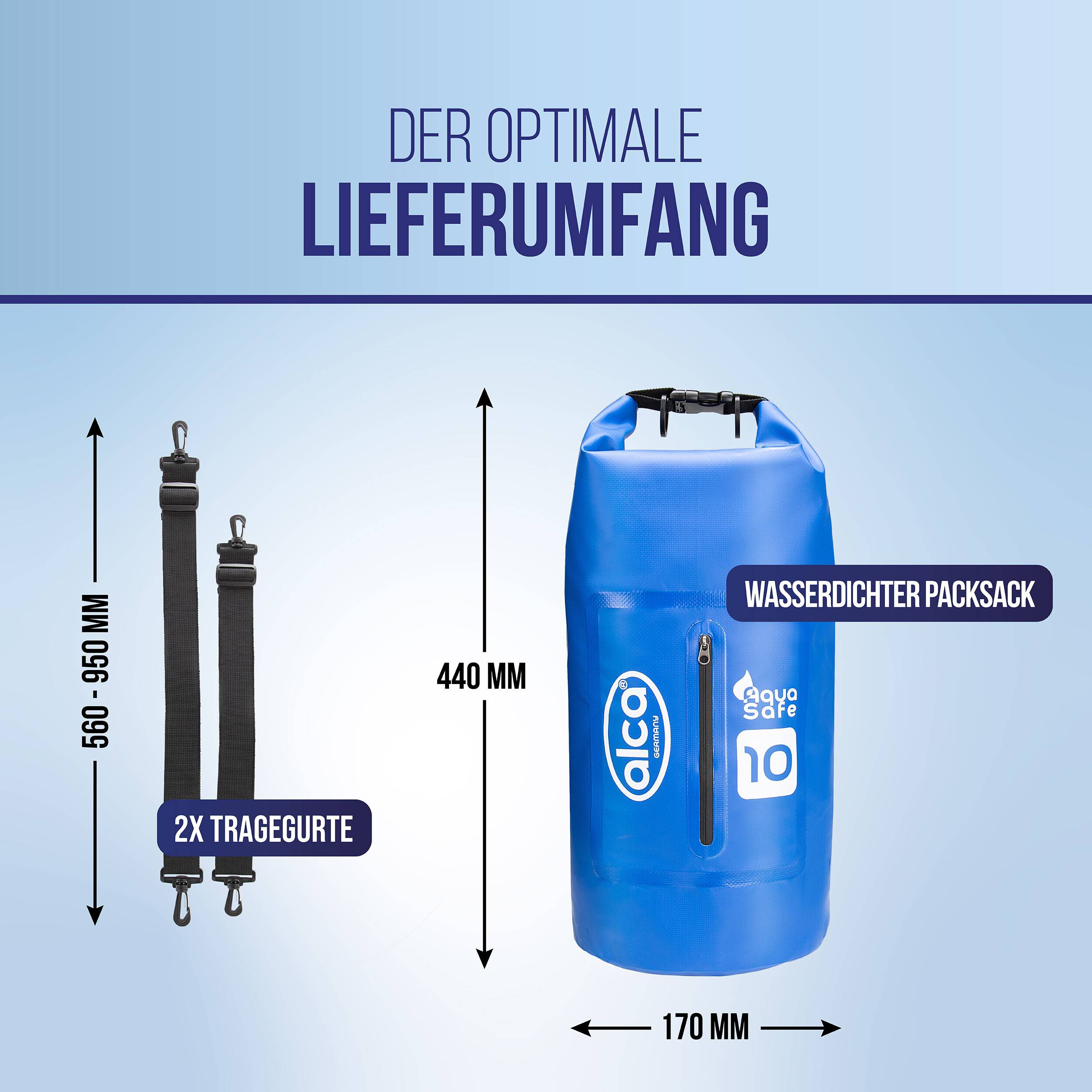 alca® Packsack wassergeschützt 10 l Volumen als Rucksack für Outdoor Blauer Trockenbeutel mit Rollverschluss, zwei