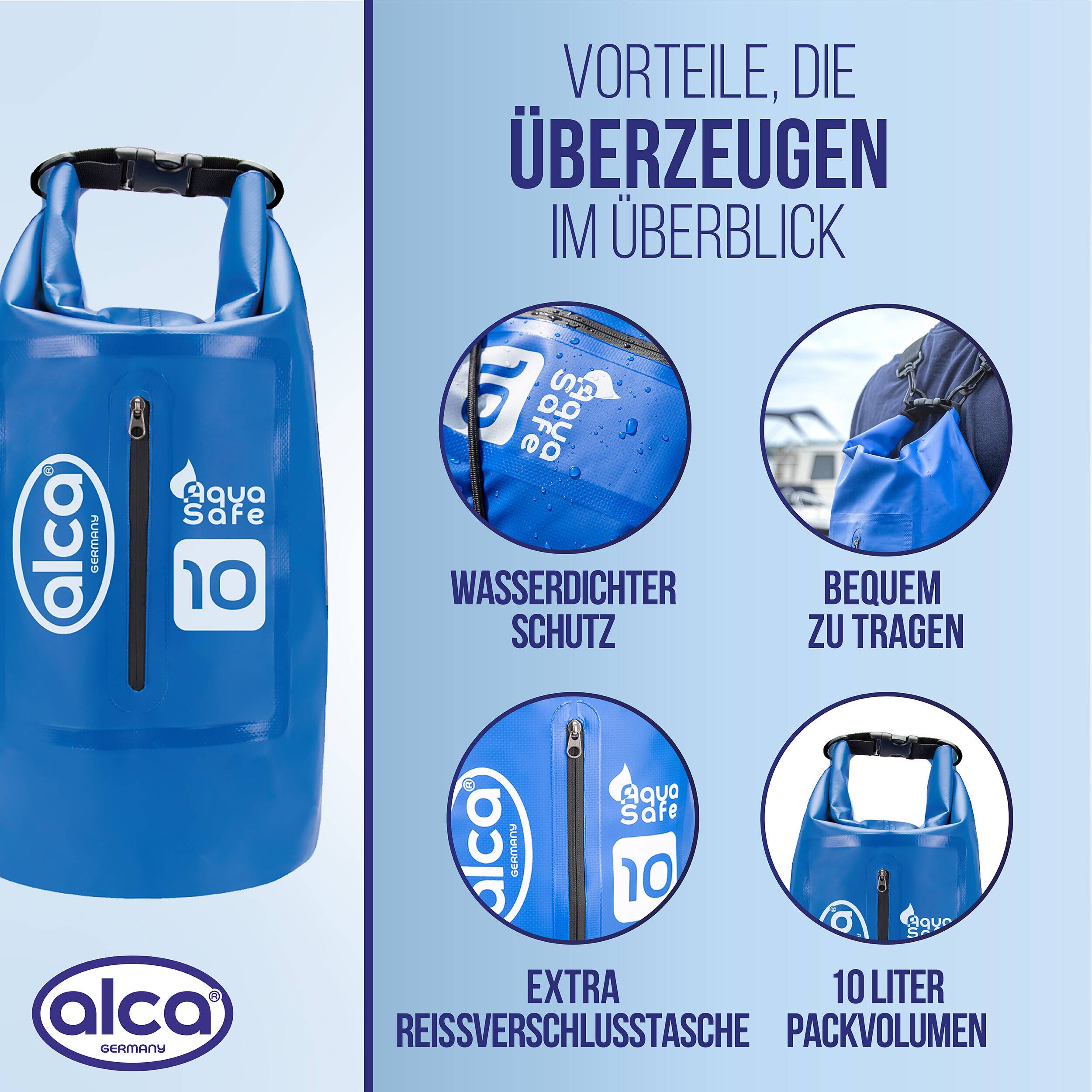 alca® Packsack wassergeschützt 10 l Volumen als Rucksack für Outdoor Blauer Trockenbeutel mit Rollverschluss, zwei