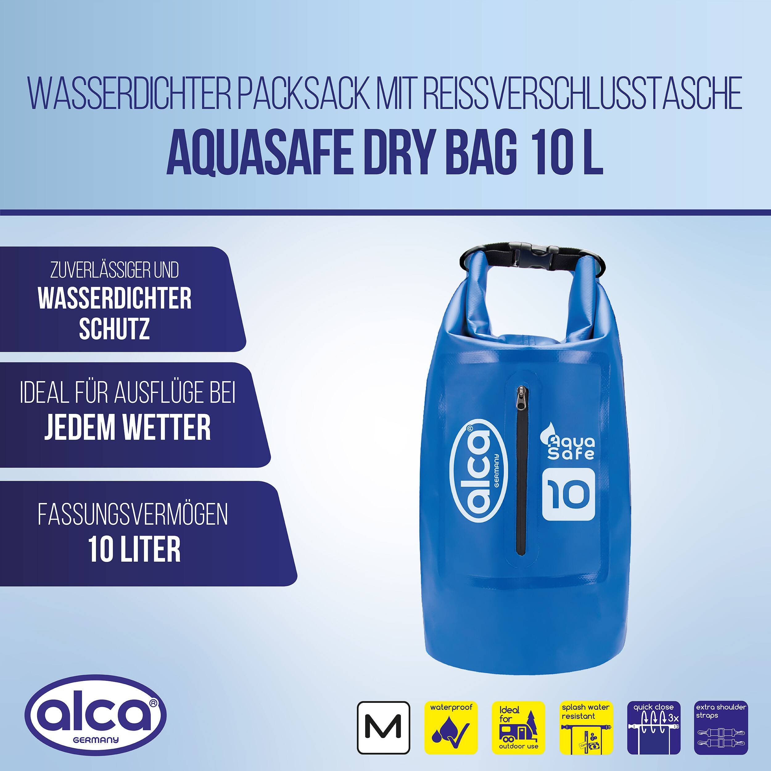 alca® Packsack wassergeschützt 10 l Volumen als Rucksack für Outdoor Blauer Trockenbeutel mit Rollverschluss, zwei