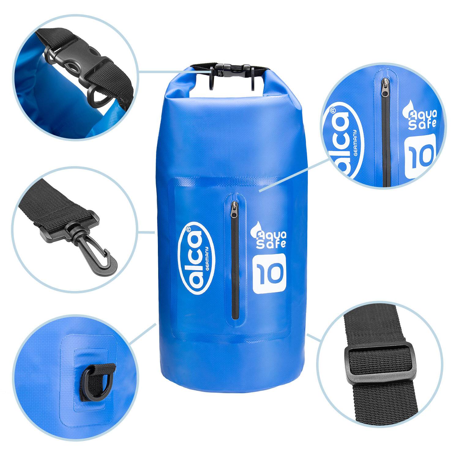 alca® Dry Bag wasserdichte Tasche 10L Trockentasche, Roll-Top Verschluss, Tragegurt, extra Tasche, Strand, Outdoor,