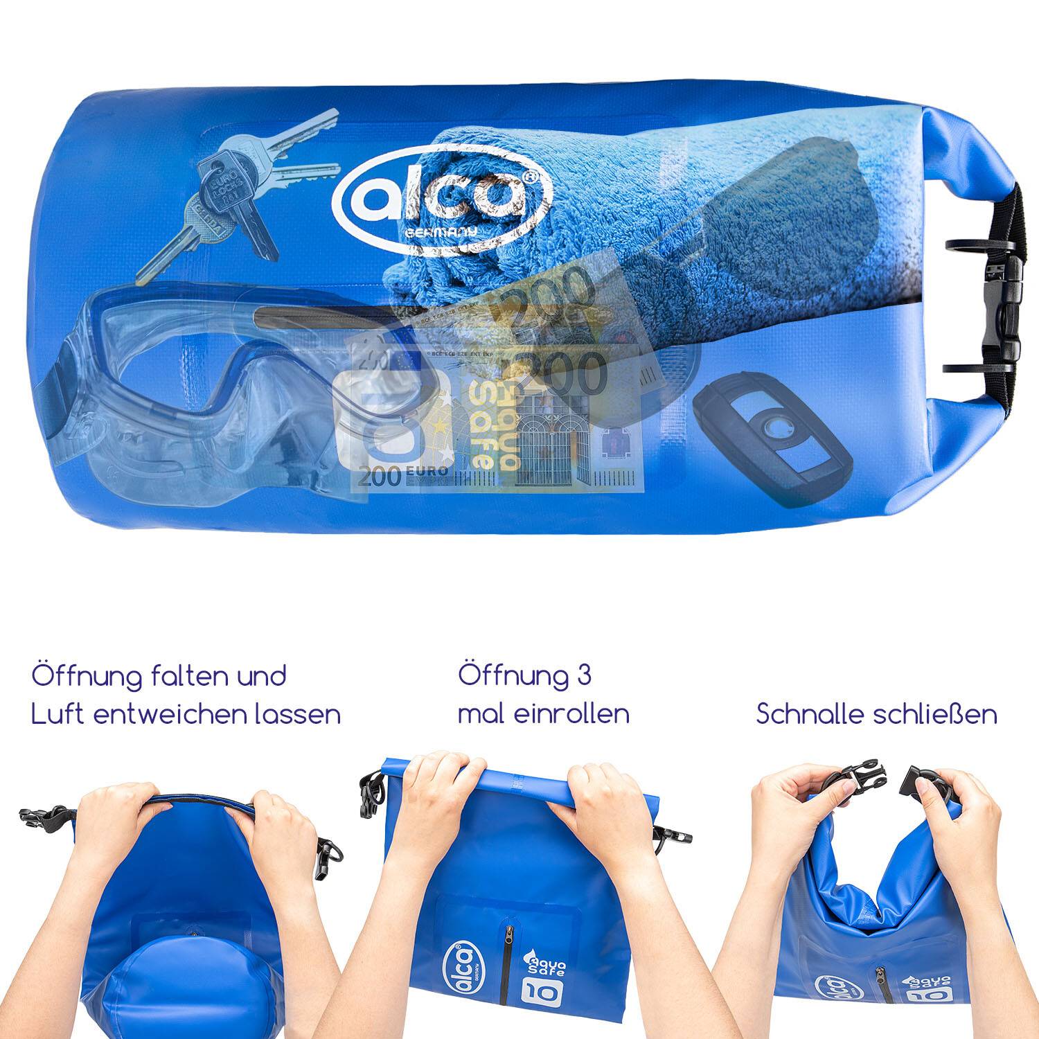 alca® Dry Bag wasserdichte Tasche 10L Trockentasche, Roll-Top Verschluss, Tragegurt, extra Tasche, Strand, Outdoor,