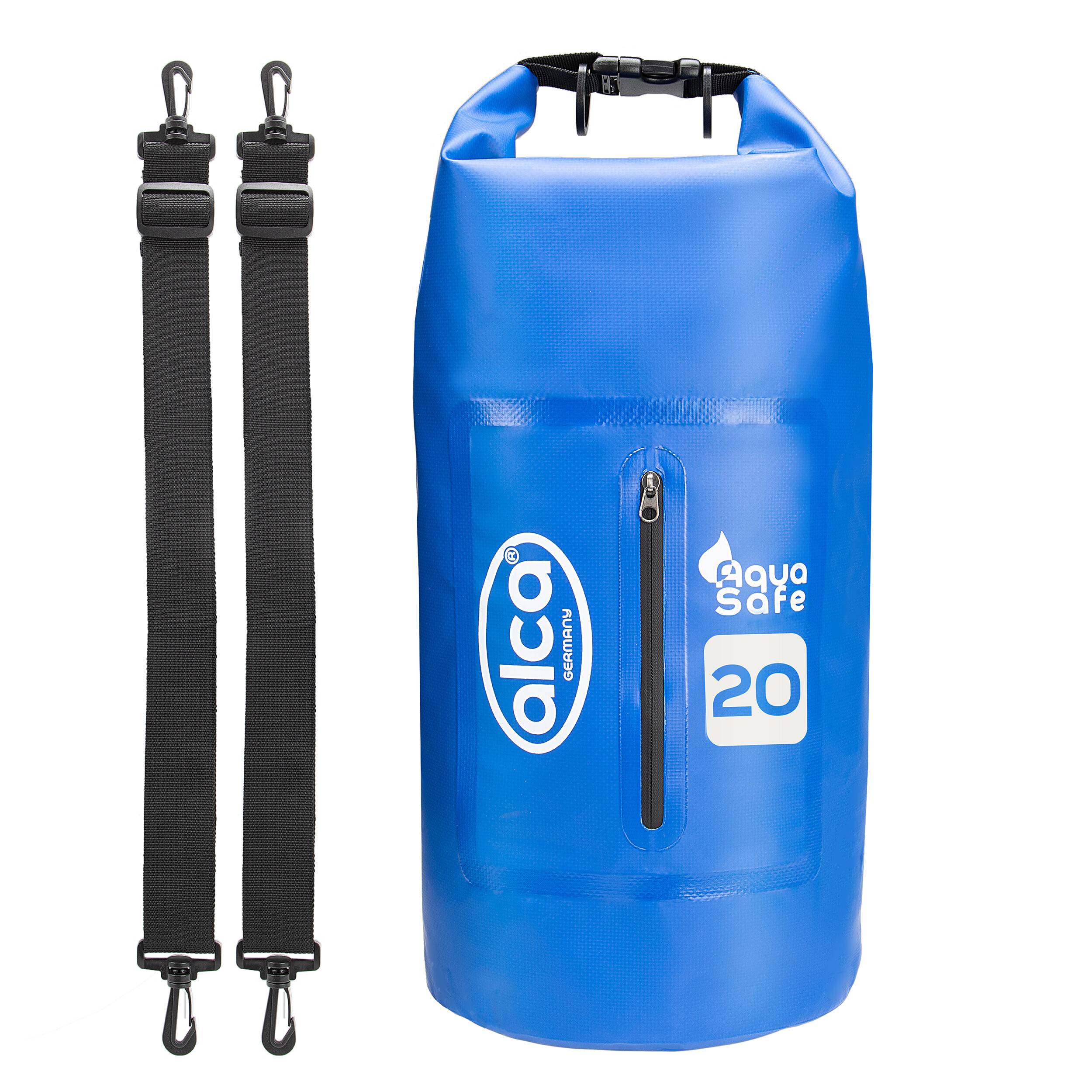 alca® Packsack wassergeschützt 20 l Volumen als Rucksack für Outdoor Blauer Trockenbeutel mit Rollverschluss, zwei