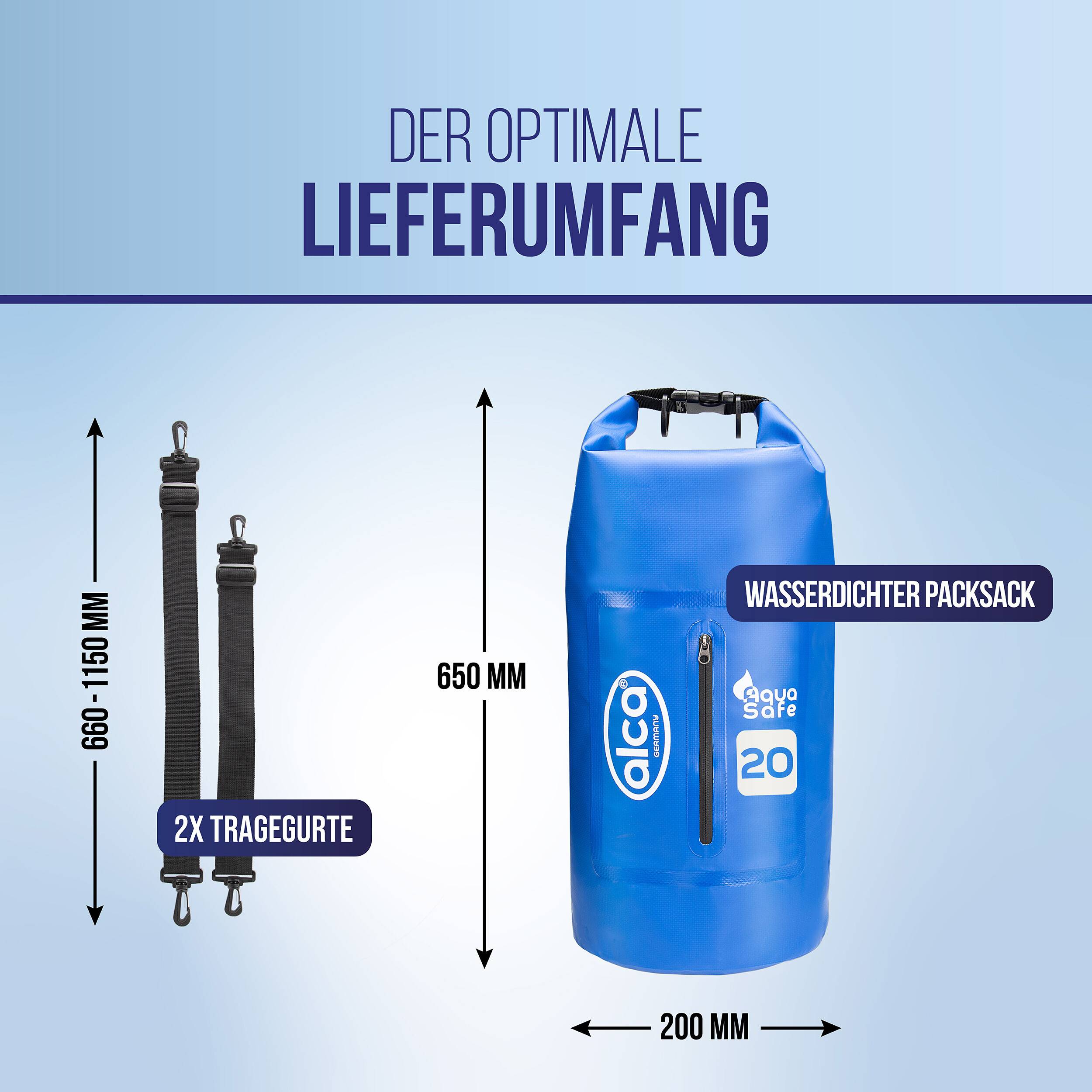alca® Packsack wassergeschützt 20 l Volumen als Rucksack für Outdoor Blauer Trockenbeutel mit Rollverschluss, zwei