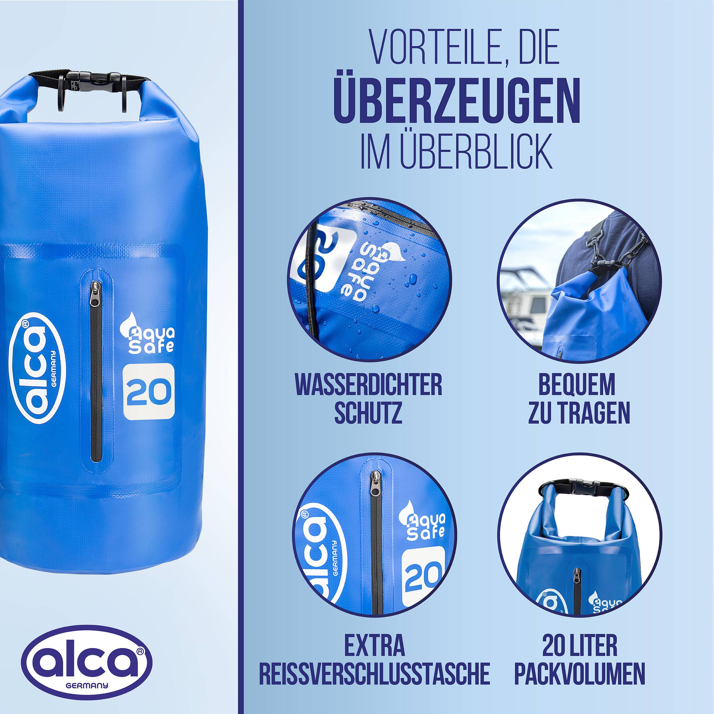 alca® Packsack wassergeschützt 20 l Volumen als Rucksack für Outdoor Blauer Trockenbeutel mit Rollverschluss, zwei