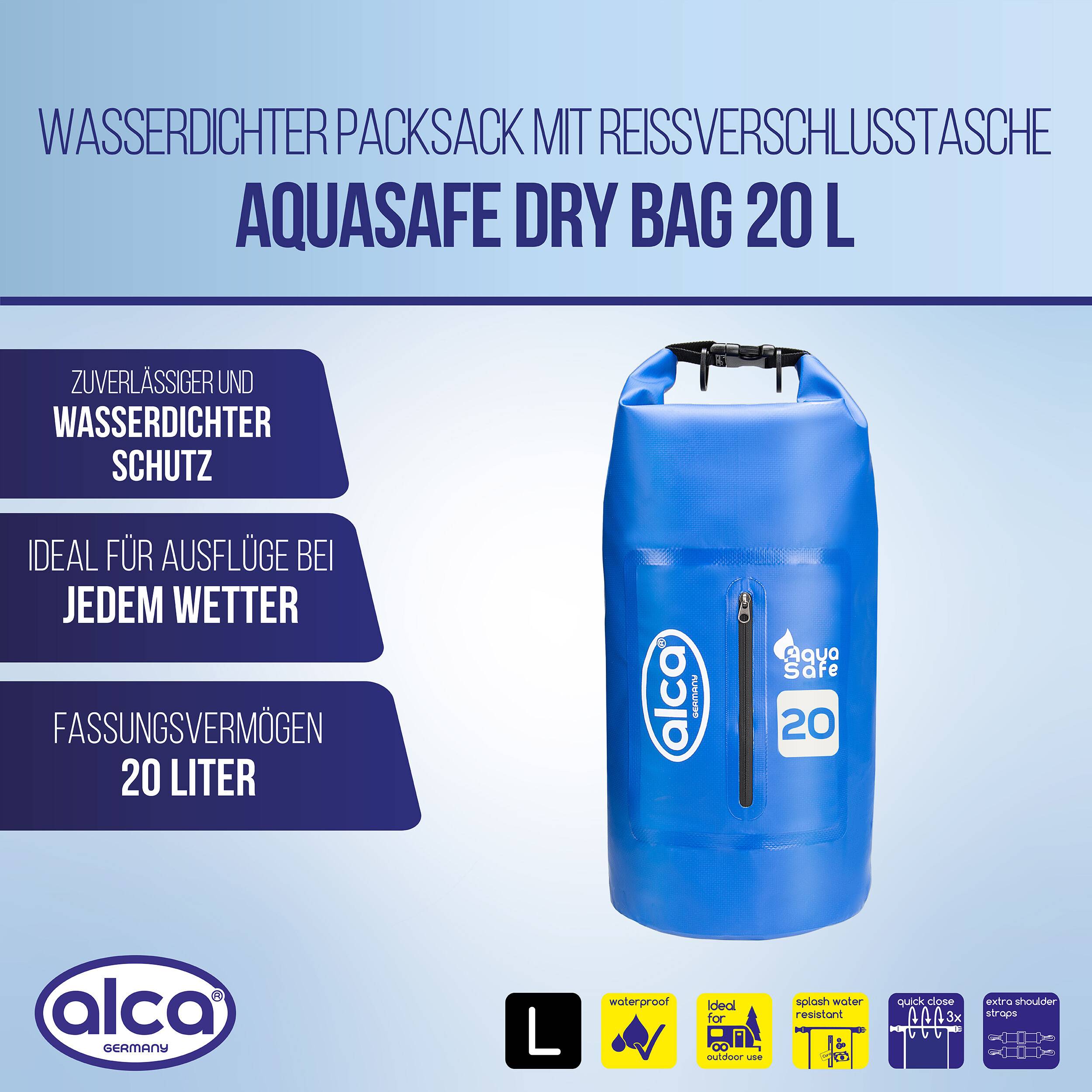 alca® Packsack wassergeschützt 20 l Volumen als Rucksack für Outdoor Blauer Trockenbeutel mit Rollverschluss, zwei