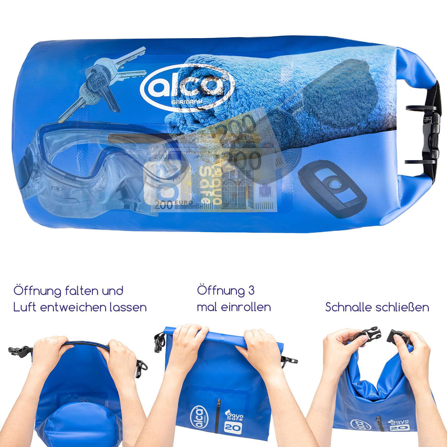 alca® Dry Bag wasserdichter Packsack 20L Trockentasche, Roll-Top Verschluss, Tragegurt, extra Tasche