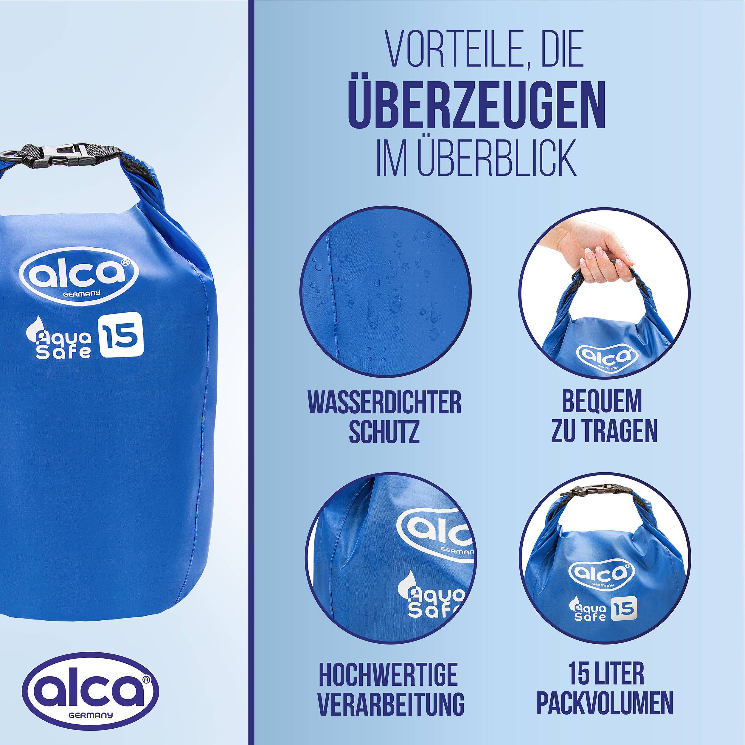 Blauer Alco Aqua Safe 15-Liter-Wasserdichter Beutel mit deutschem Text, der Wasserdichtschutz, einfaches Tragen, hochwertige Verarbeitung und 15-Liter-Kapazität hervorhebt.