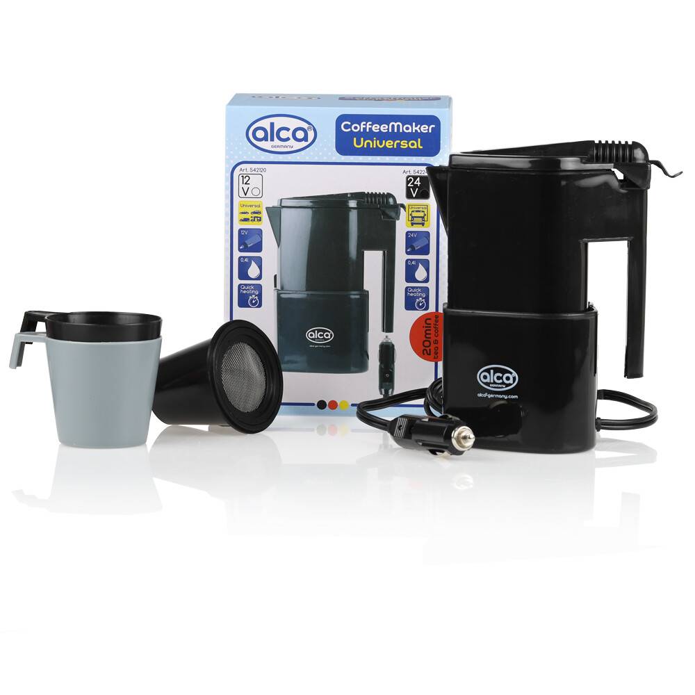 Tragbarer Kaffeemaschine mit Filter, Tasse und Box mit Markenlogo, für die Verwendung im 12V-Auto ausgelegt. Ideal zum Brühen von Kaffee unterwegs.