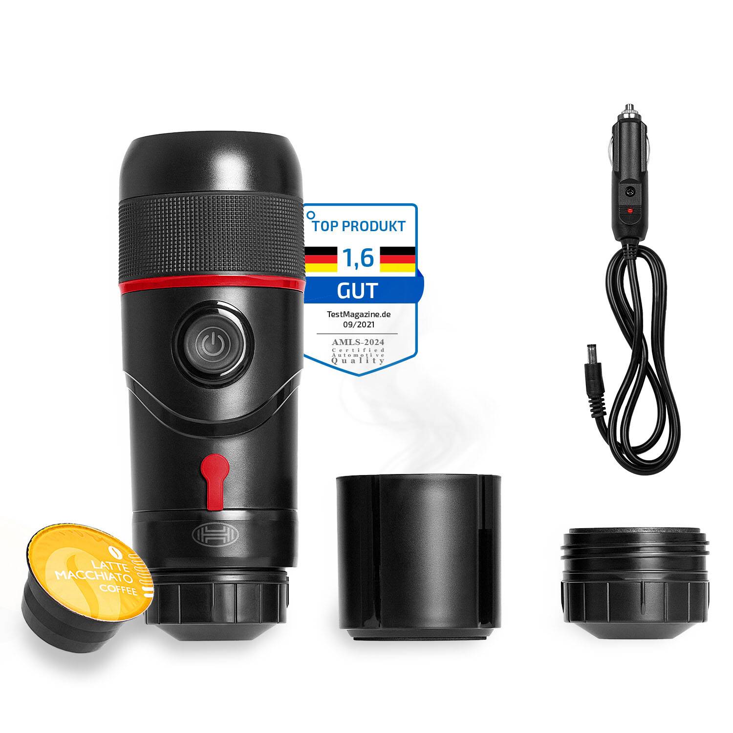 HEYNER® Espressomaschine für 12 V, Auto Cupholder mit 60ml Wassertank Reisekaffeemaschine für Kapseln und Pulver,