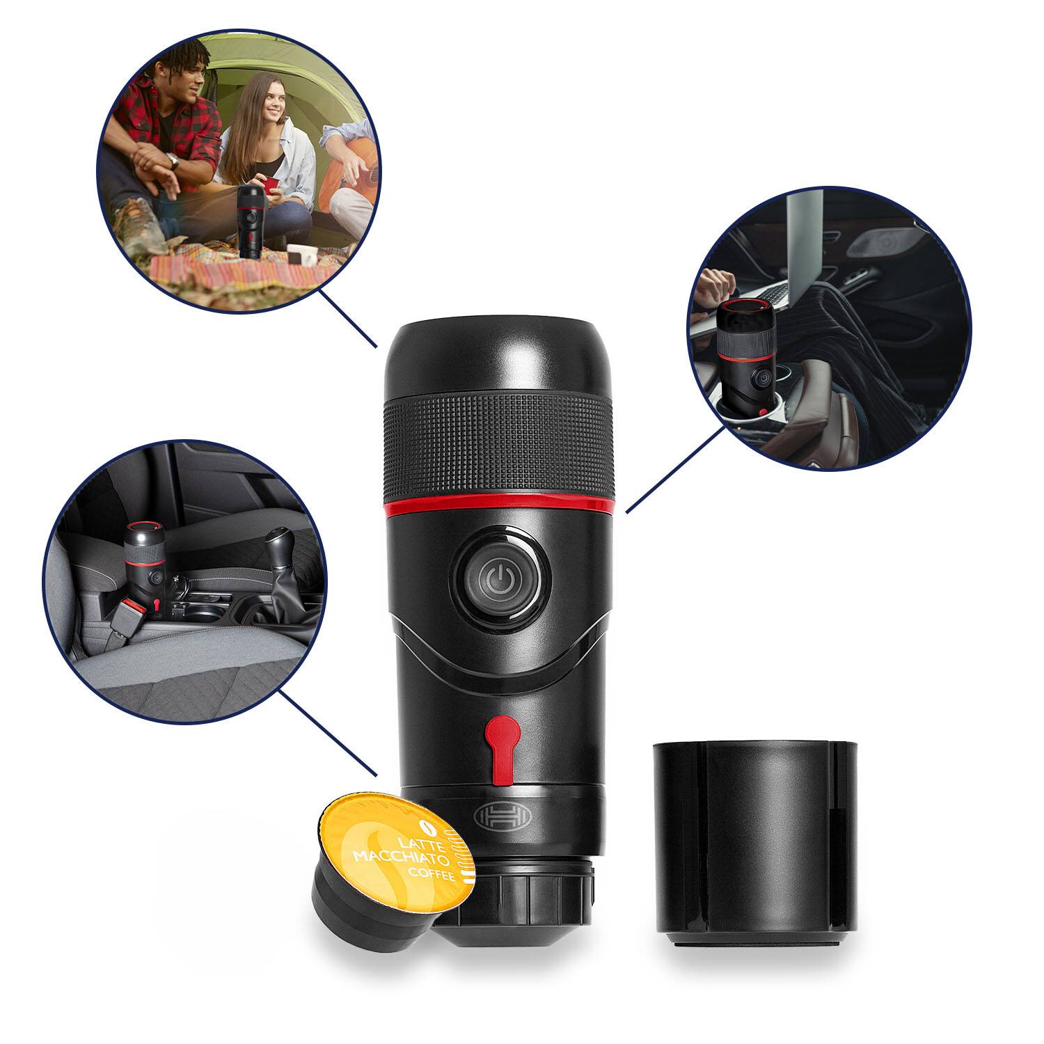 Tragbarer schwarzer Autotassenwärmer mit Ein-/Ausschalter, abgebildet beim Erwärmen einer Tasse im Fahrzeug und bei einem Picknick, mit Deckel/Tassenzubehör.
