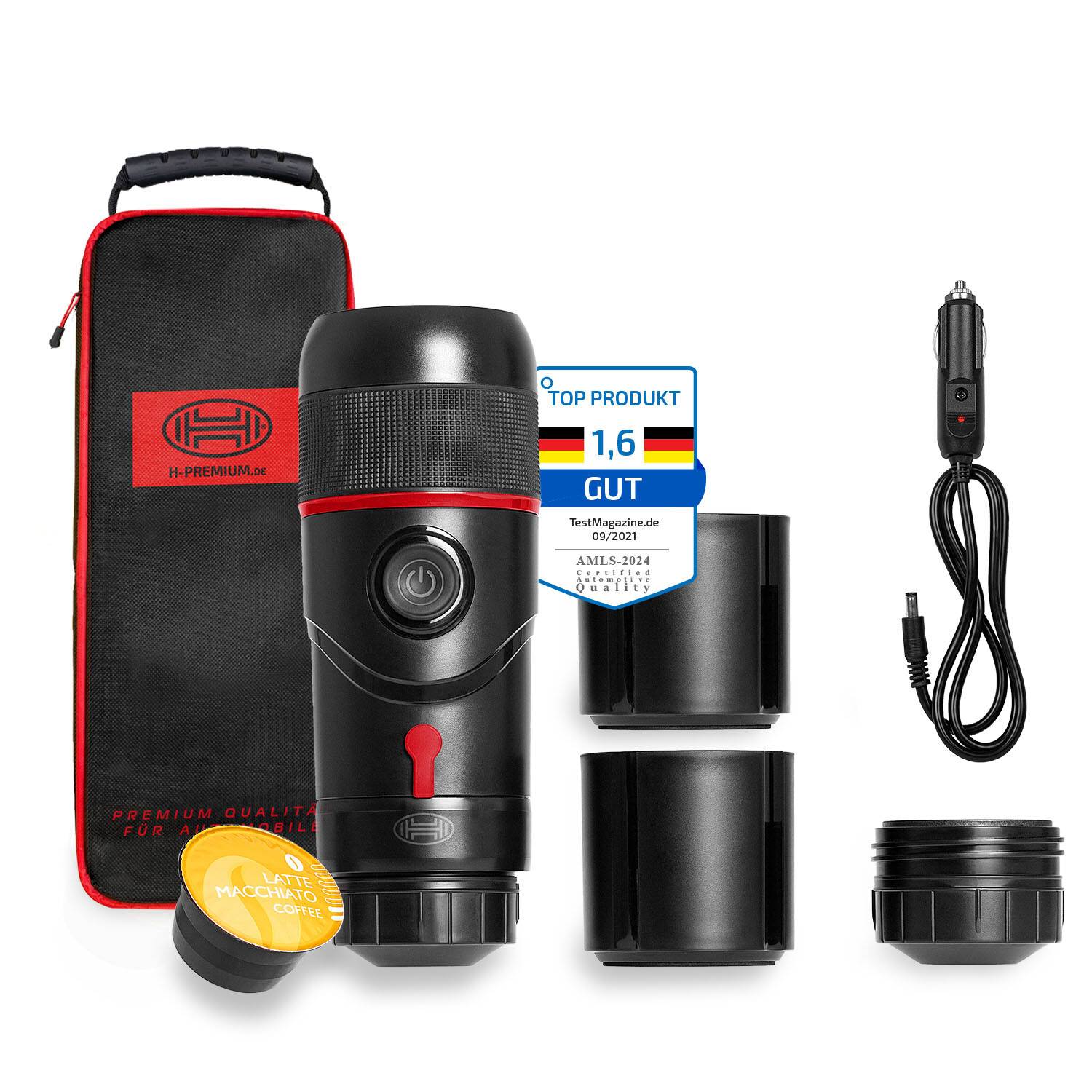 HEYNER® Espressomaschine 12 V Black Edition mit Tasche und Ersatztasse Mobile Reisekaffeemaschine für Kapseln und