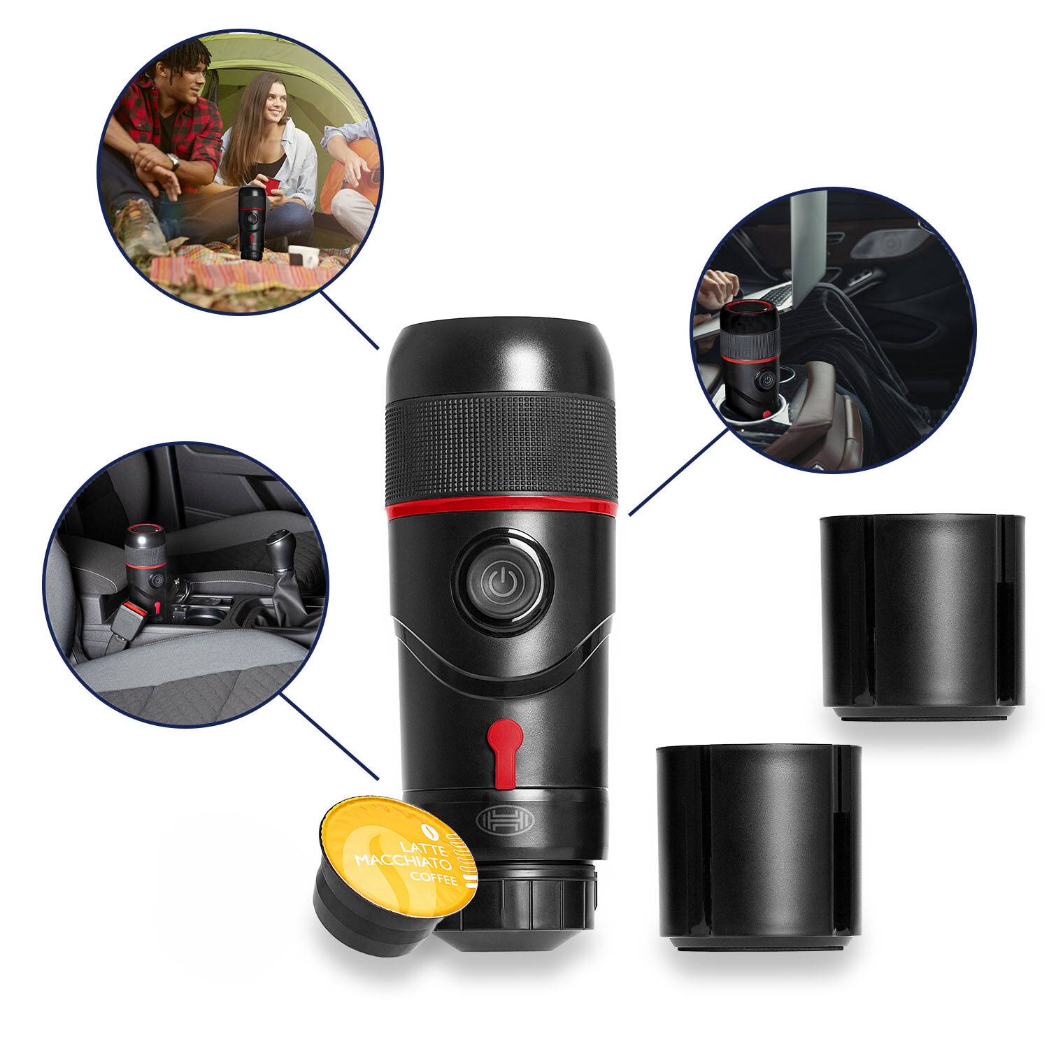 HEYNER® Espressomaschine 12 V Black Edition mit Tasche und Ersatztasse Mobile Reisekaffeemaschine für Kapseln und