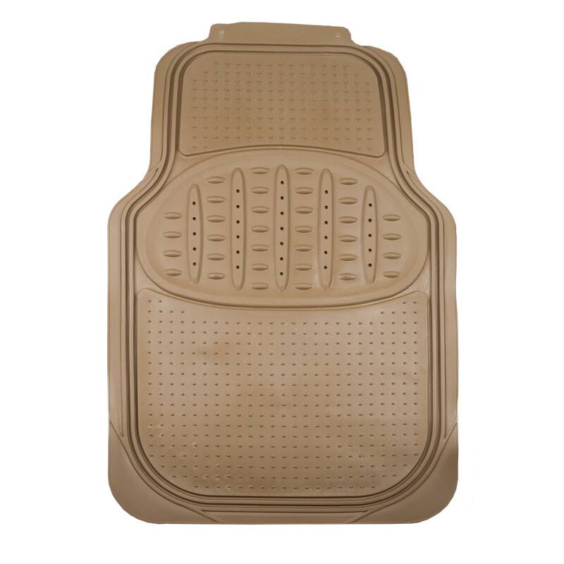 Eine rechteckige, beige Gummi-Autofußmatte mit strukturierter, rutschfester Oberfläche und erhöhten Kanten, die zum Einfangen von Schmutz und Feuchtigkeit entwickelt wurden.