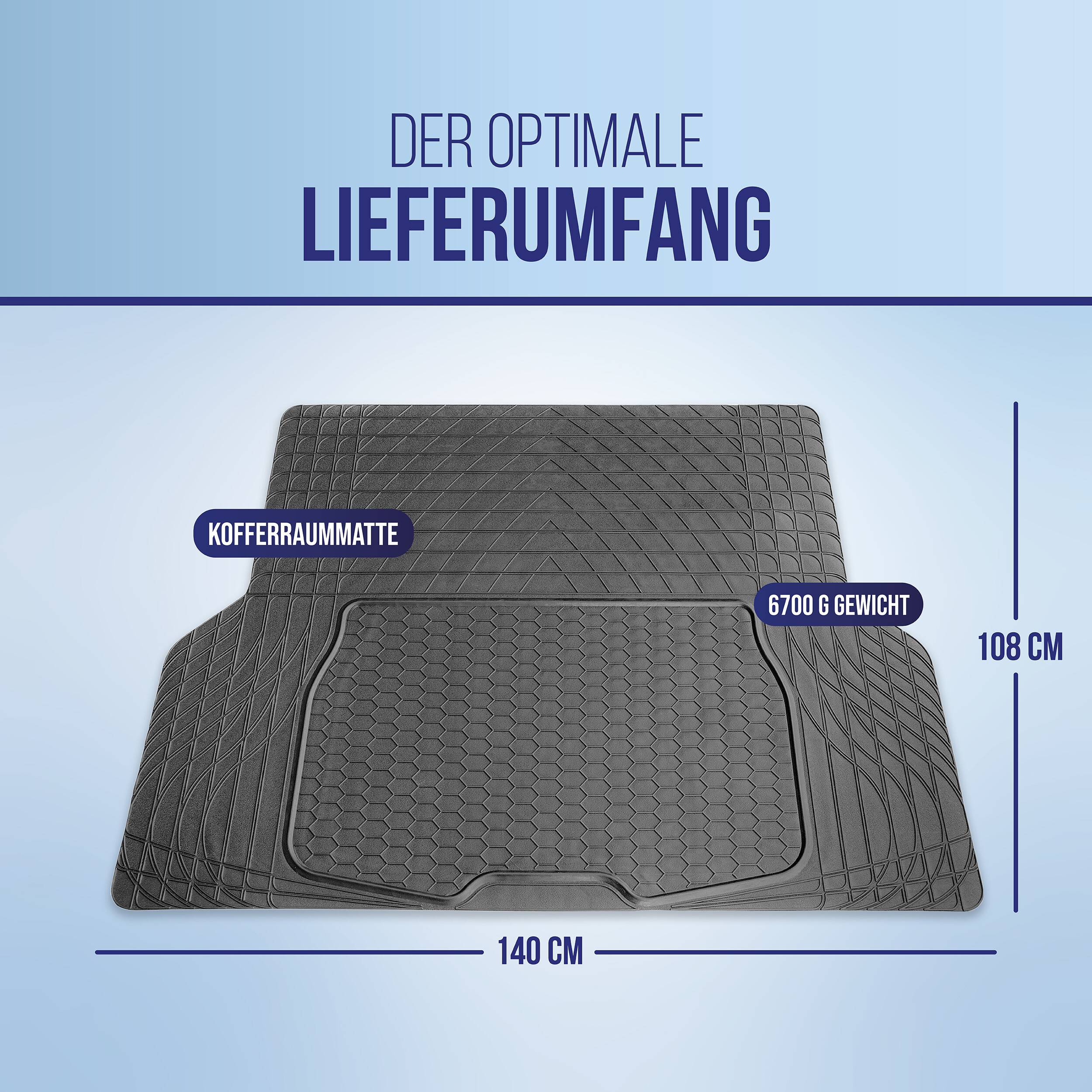 Kofferraummatte mit Abmessungen 140 cm breit, 108 cm lang, Gewicht 6700g. Beschrieben als „Der optimale Lieferumfang