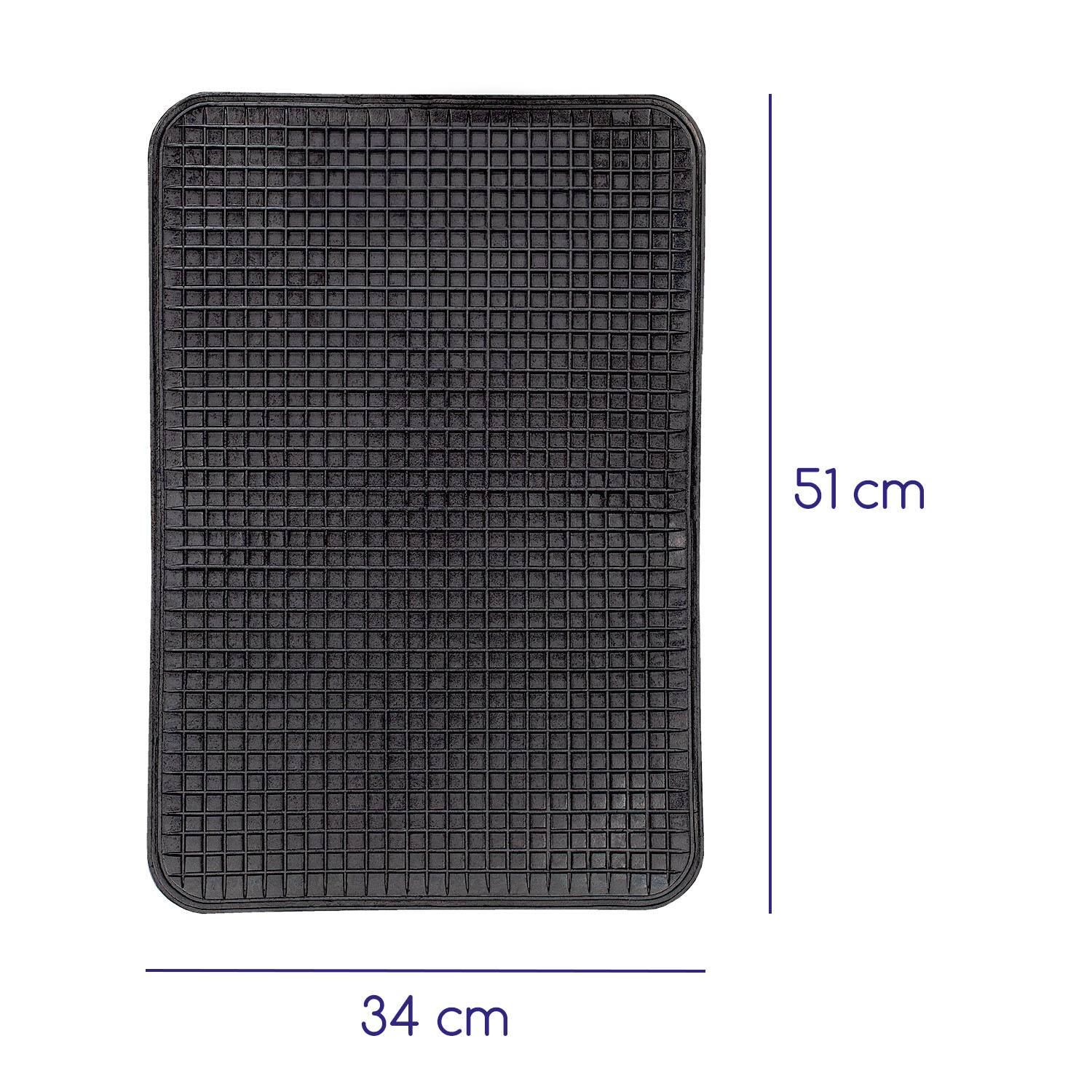 Schwarze rechteckige Gummimatte mit Rastermuster, Abmessungen 34 cm x 51 cm.