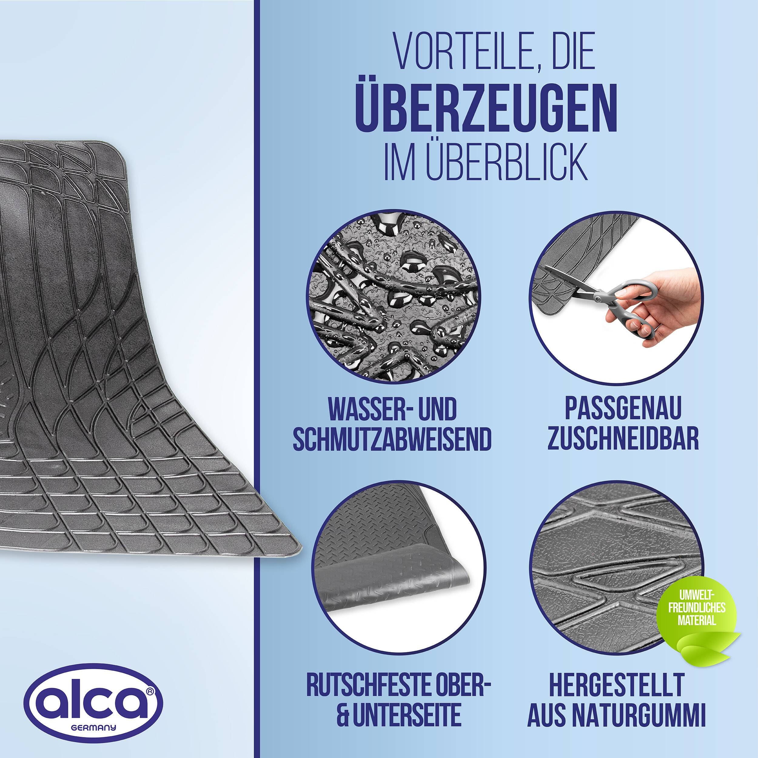 alca® Kofferraummatte Gummi 120x80 cm I zuschneidbar I rutschfest I Schutzmatte für Kofferraum I schwarz I für PKW, SUV,