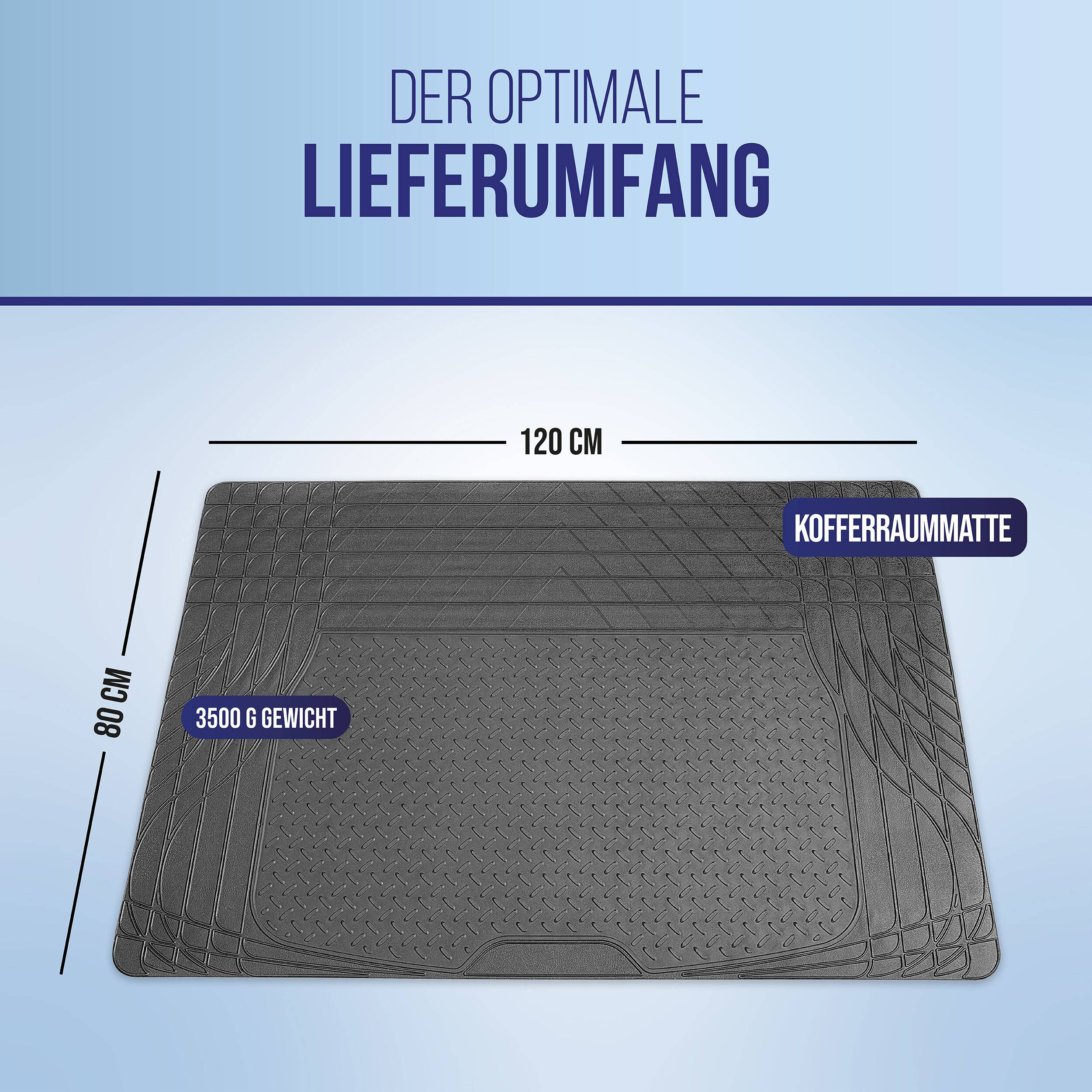 alca® Kofferraummatte Gummi 120x80 cm I zuschneidbar I rutschfest I Schutzmatte für Kofferraum I schwarz I für PKW, SUV,