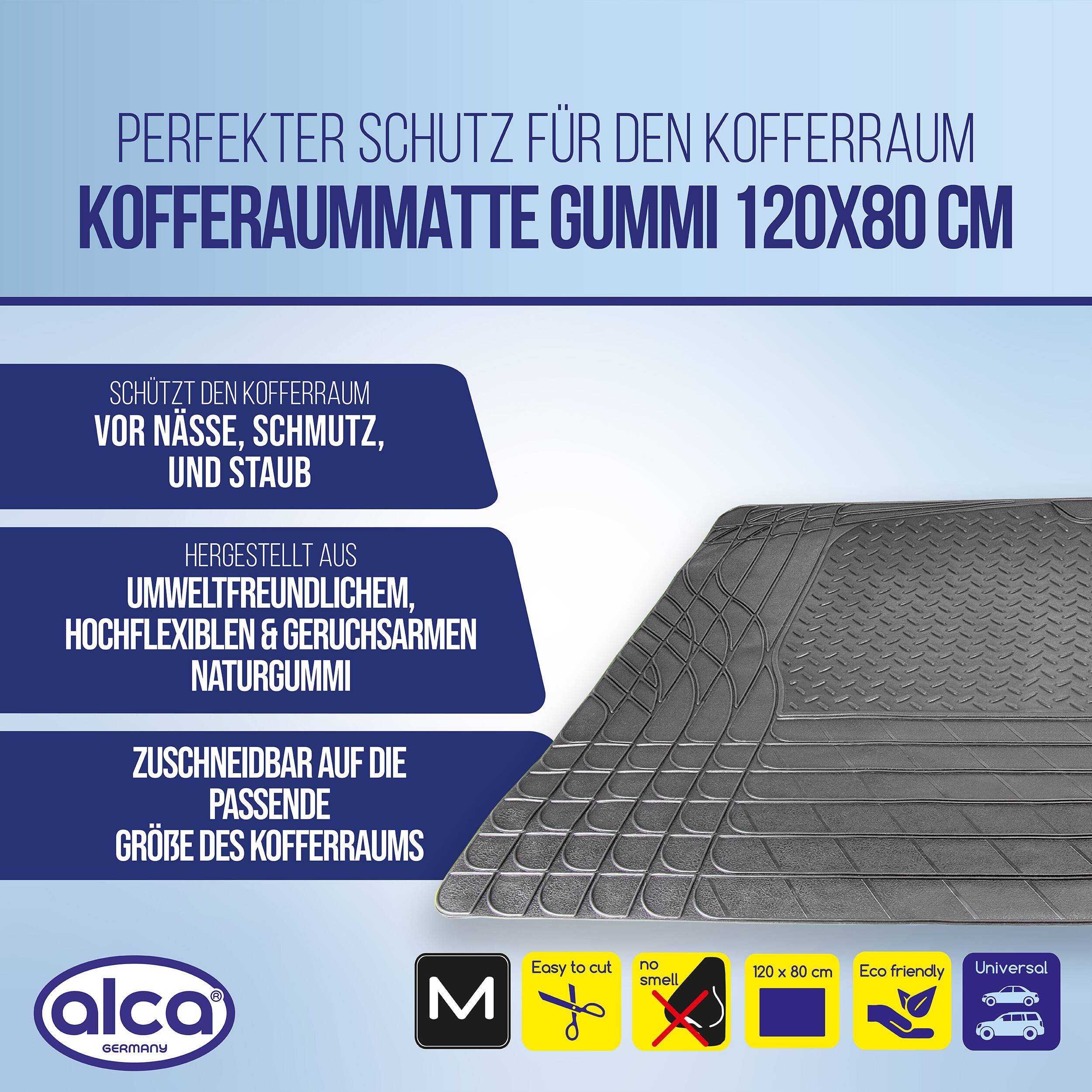alca® Kofferraummatte Gummi 120x80 cm I zuschneidbar I rutschfest I Schutzmatte für Kofferraum I schwarz I für PKW, SUV,