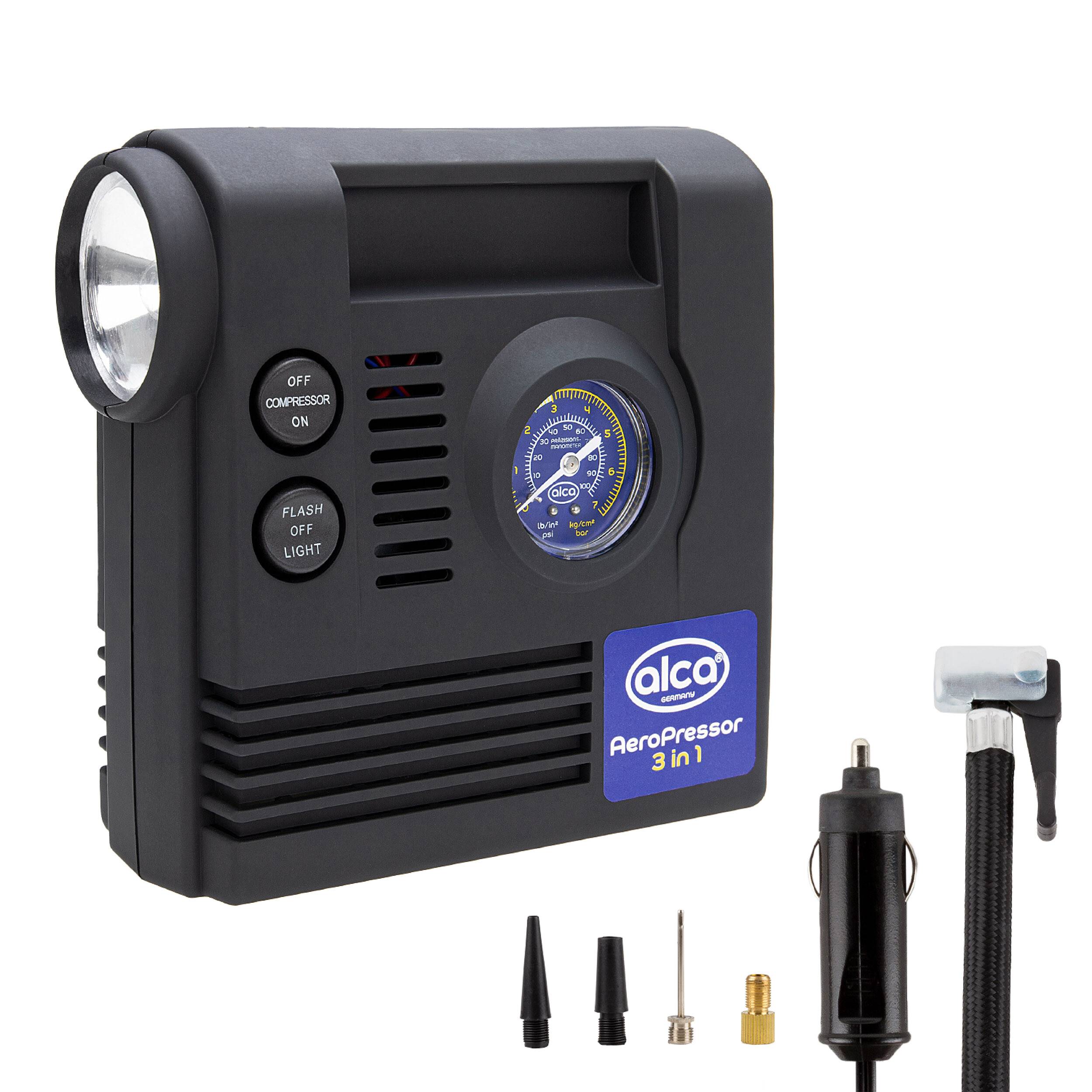 alca® Auto Kompressor mini 3in1 mit Licht, elektrische Luftpumpe 12V, 21 bar, Zigarettenanzünder