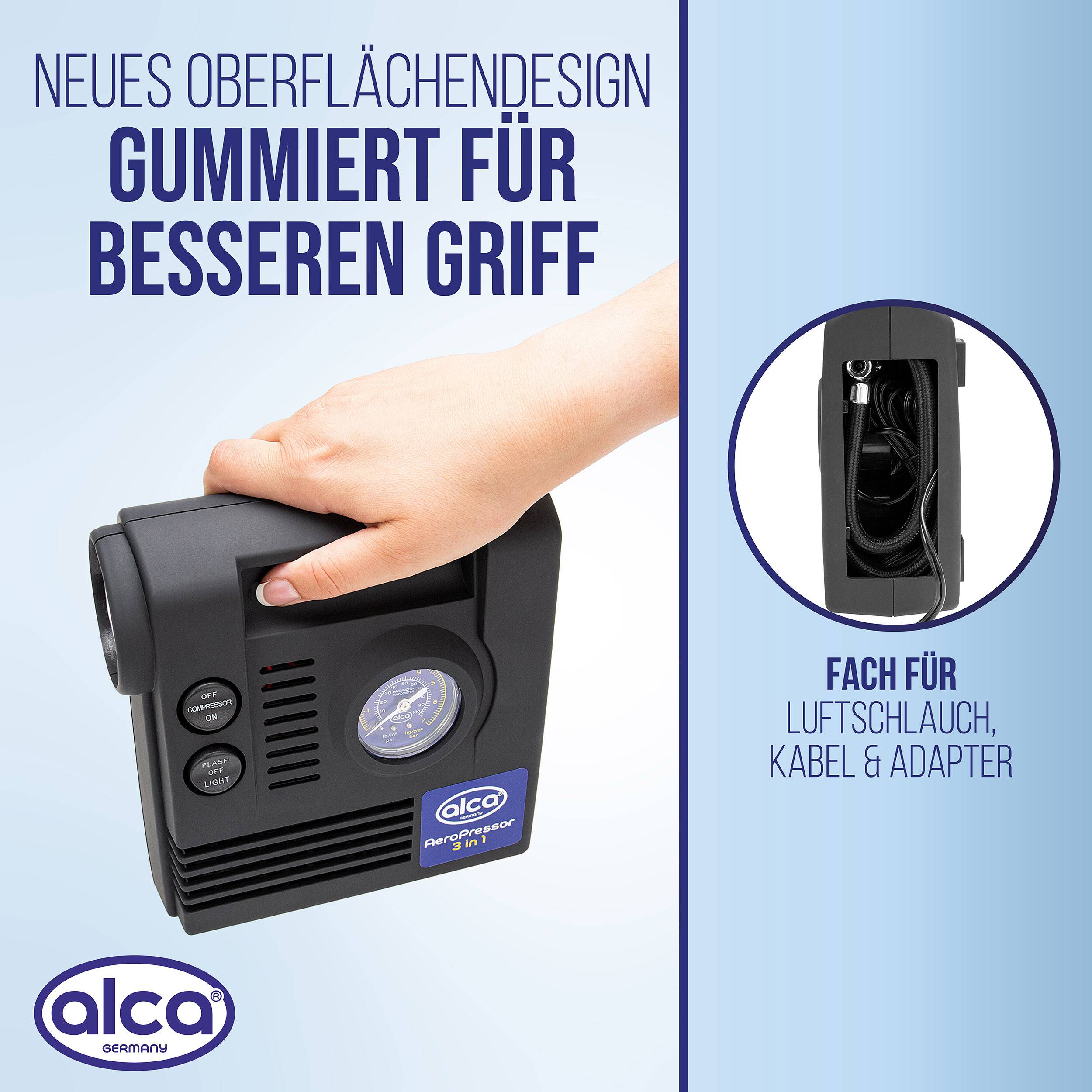 Anzeige mit Hand, die einen tragbaren Alca-Luftkompressor greift; deutscher Text sagt 
