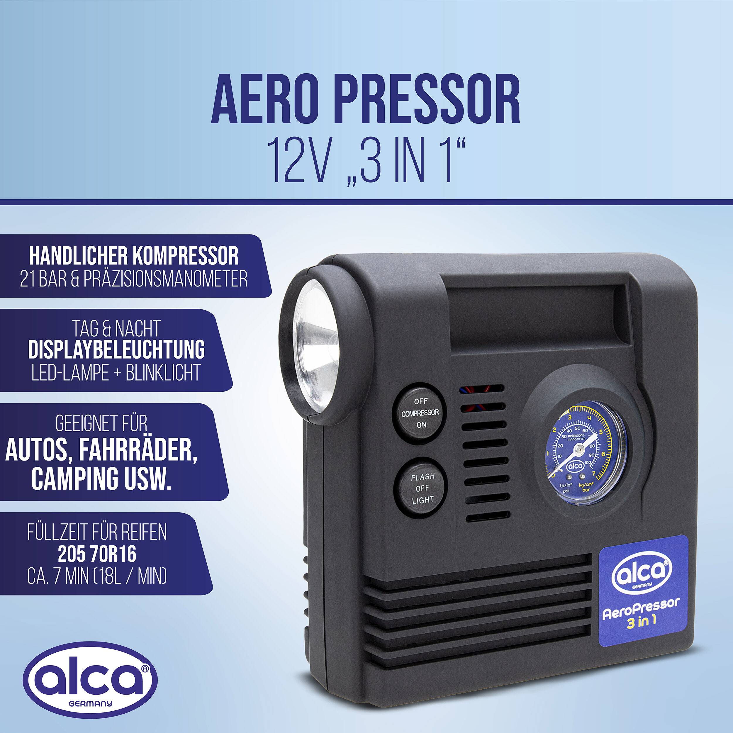 alca® Kompressor 12 V 21 bar 3in1 LED Lampe Mini Elektro Luftpumpe Auto Zigarettenanzünder, Blinklicht,