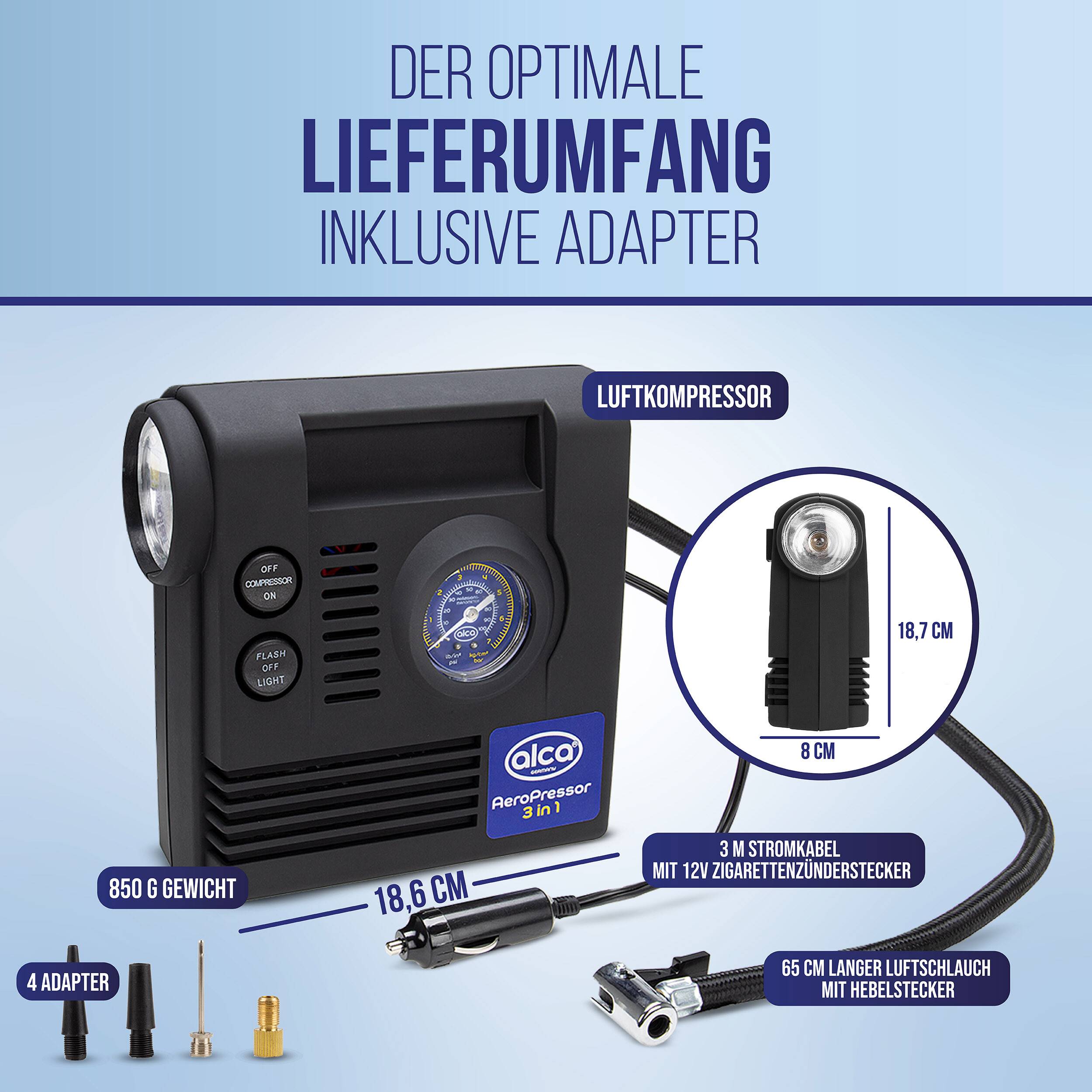 Produktabbildung eines tragbaren Luftkompressors mit Manometer, enthaltenem Adapter, 3 m langes 12-V-Zigarettenanzünder-Stromkabel und 65 cm Schlauch; beschriftete Abmessungen und Gewicht werden angezeigt.