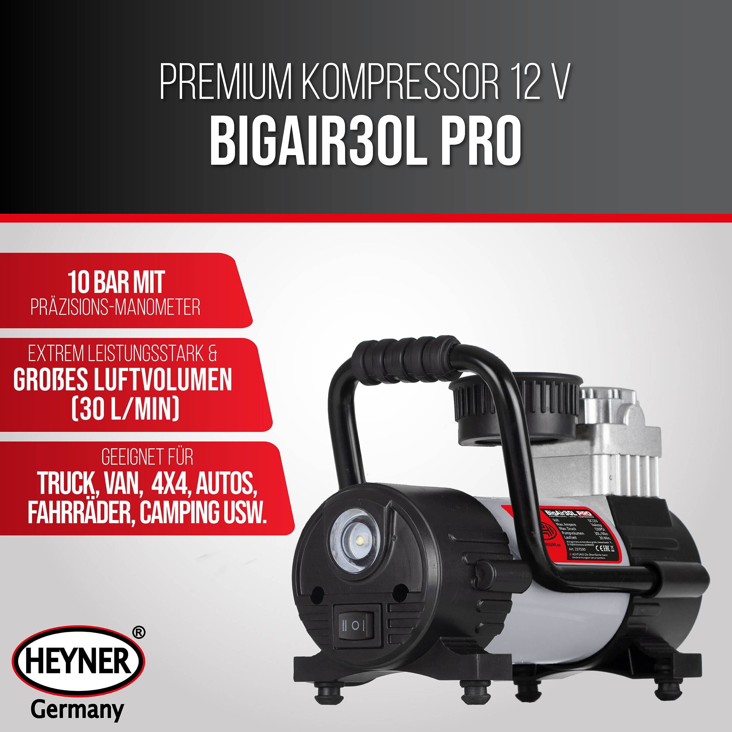HEYNER®Auto Kompressor 12V elektrische Luftpumpe tragbarer Kompressor 9 bar, mit LED Beleuchtung