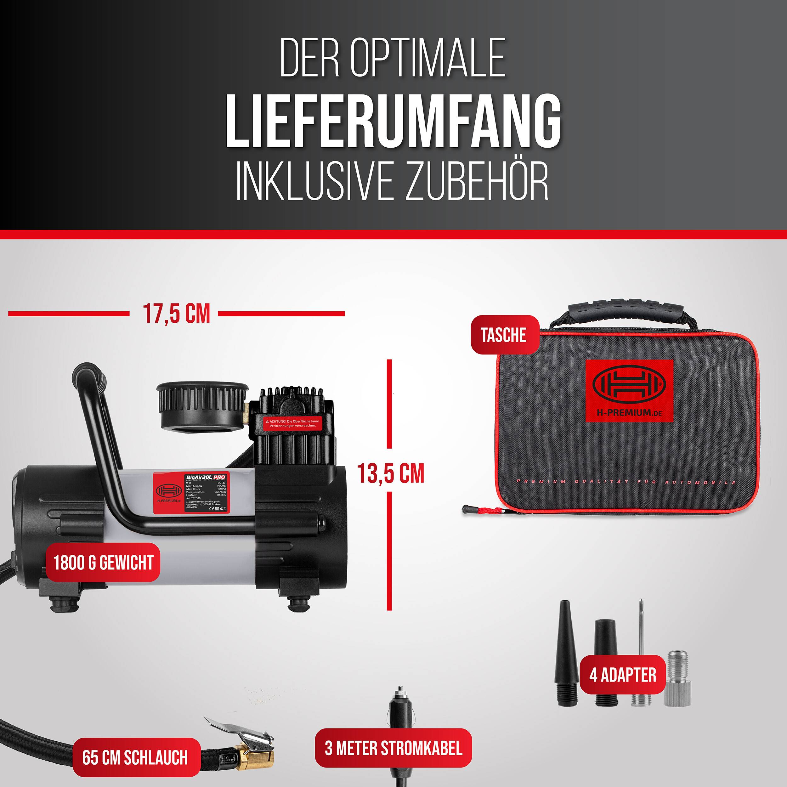 Deutsches Produktbild zeigt den optimalen Lieferumfang: Luftkompressor, Tragetasche, 4 Adapter, 65 cm Schlauch und 3 m Stromkabel, mit Abmessungen und 1800 g Gewicht.
