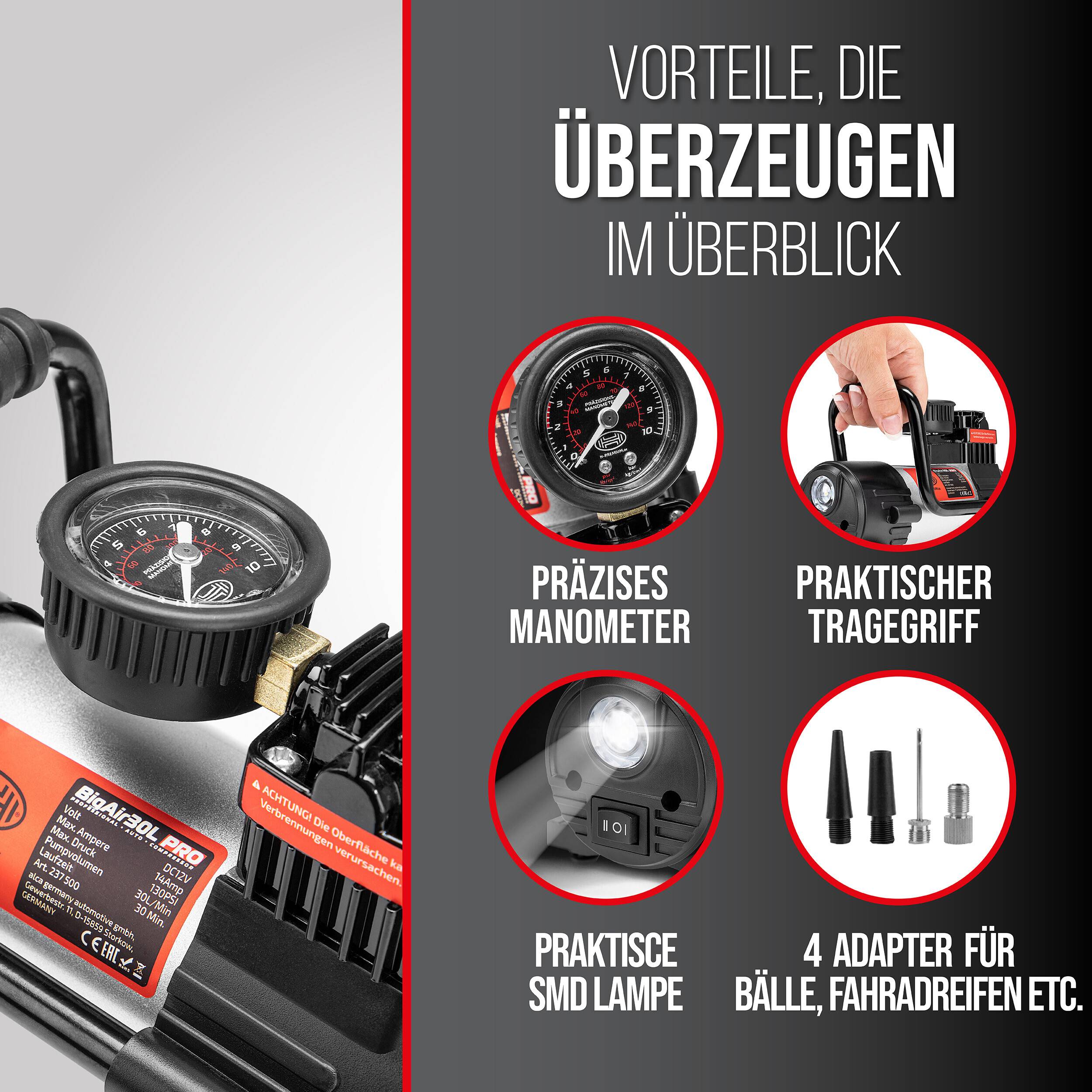 Produktpromo für einen Luftkompressor mit Druckmesser und vier hervorgehobenen Funktionen: präzises Manometer, praktischer Tragegriff, SMD-Lampe und 4 Adapter für Bälle und Reifen.