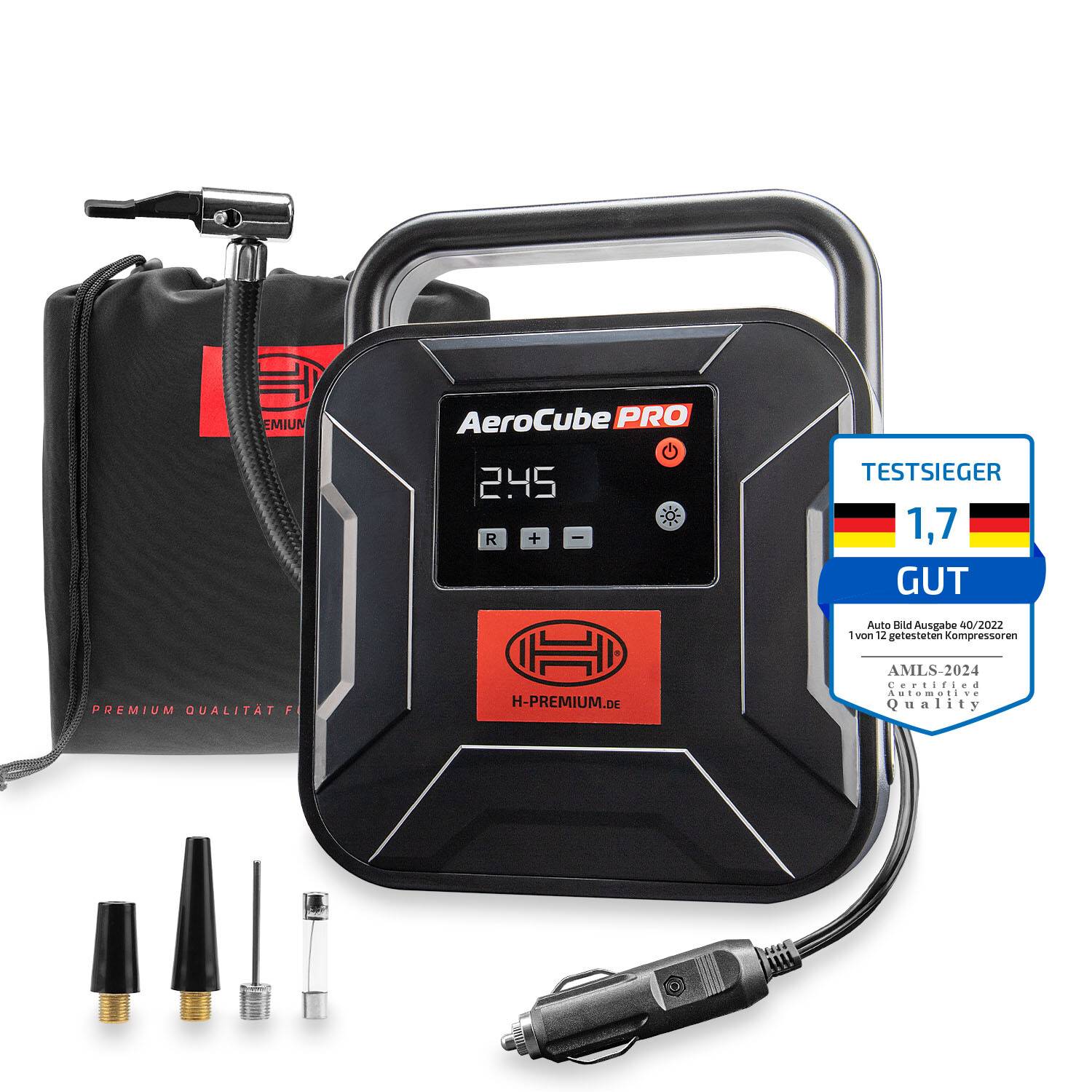 AeroCube PRO tragbarer Luftkompressor-Set mit digitaler Druckanzeige, Schlauch, Autostromstecker, Düsen, Transporttasche und deutschem Testsiegel mit der Bewertung „1,7 GUT