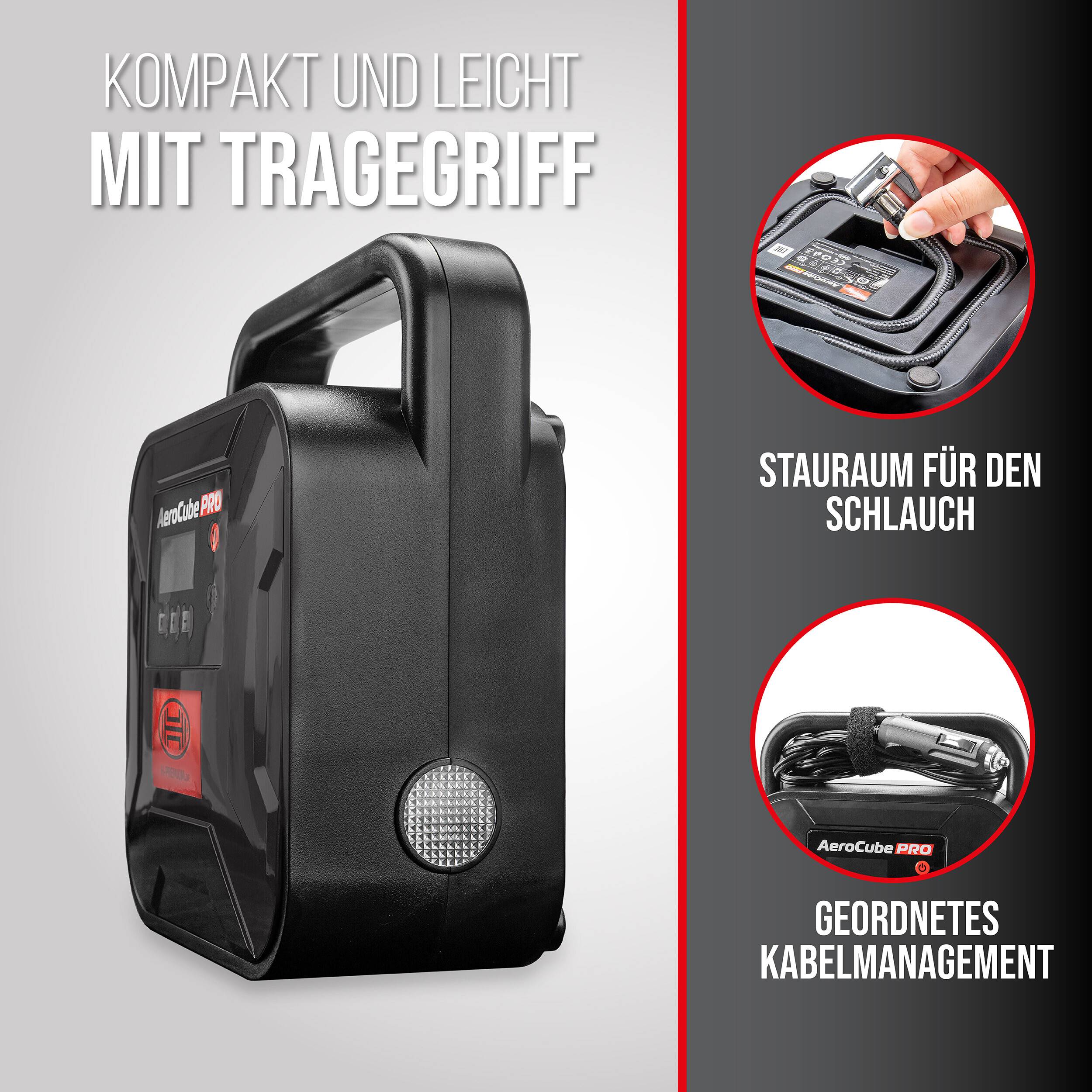 Tragbarer AeroCube Pro mit Tragegriff, kompakt und leichtgewichtig; integrierte Schlauchablage und organisierte Kabelführung sind hervorzuheben.