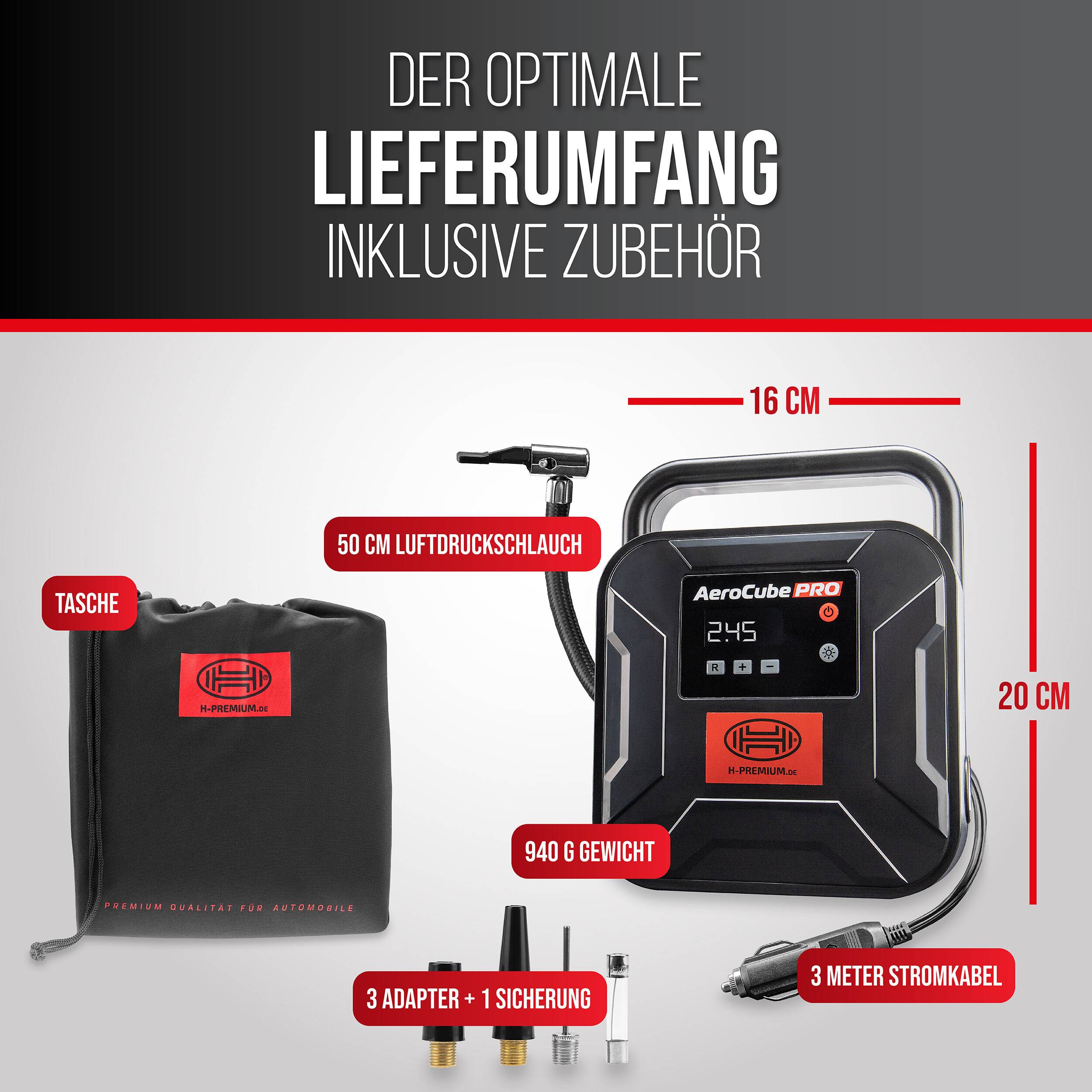 Produktset-Grafik mit den optimalen Lieferinhalten und Zubehör: eine Tragetasche, 50 cm Luftschlauch, drei Adapter sowie eine Sicherung, 3 m Stromkabel und der Kompressor, mit einer Breite von 16 cm und einer Höhe von 20 cm.