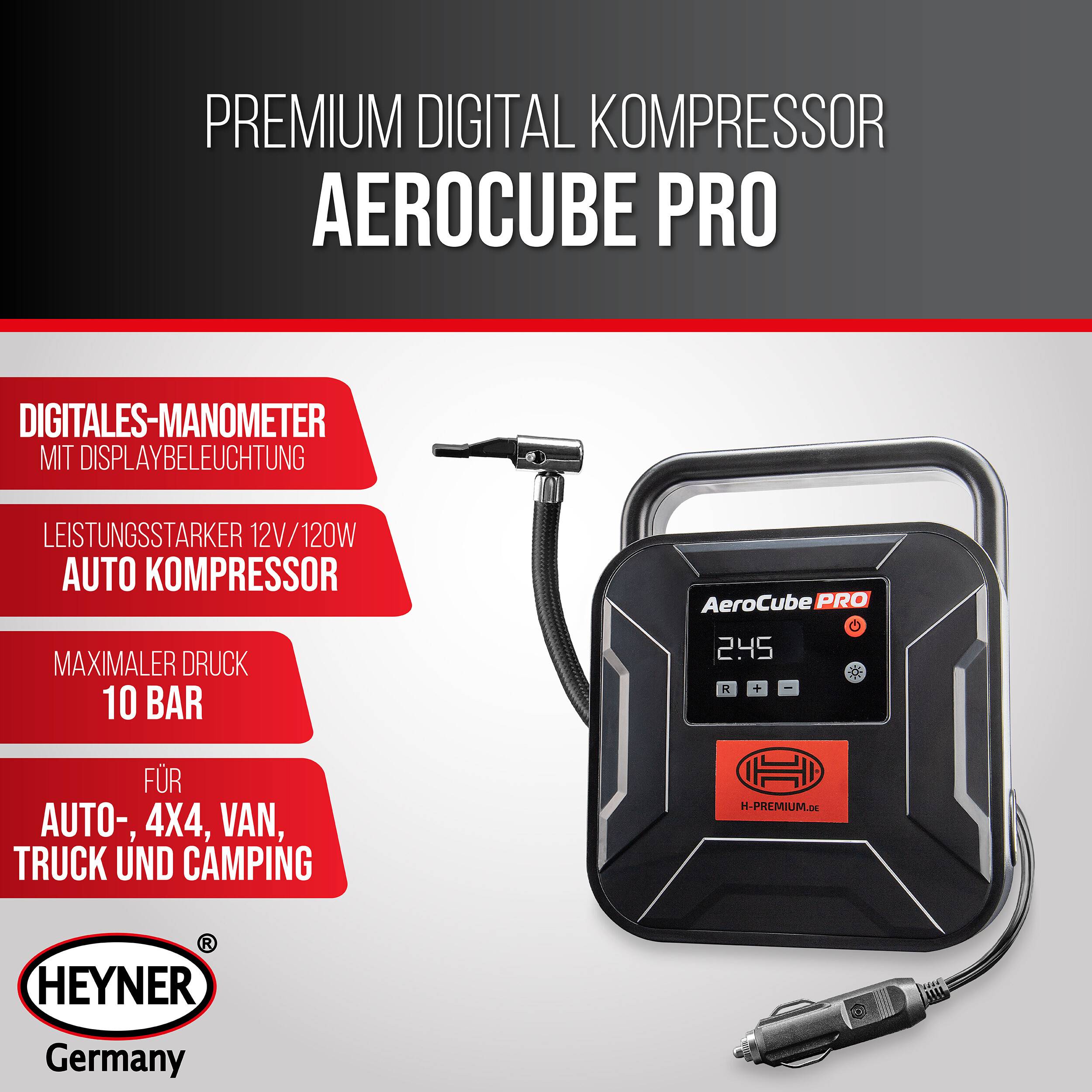 HEYNER® Luftkompressor 12 V 35 L/min 10 bar, Auto-Stopp LCD & LED Leistung 120 W, Anschlusskabel 3 m,