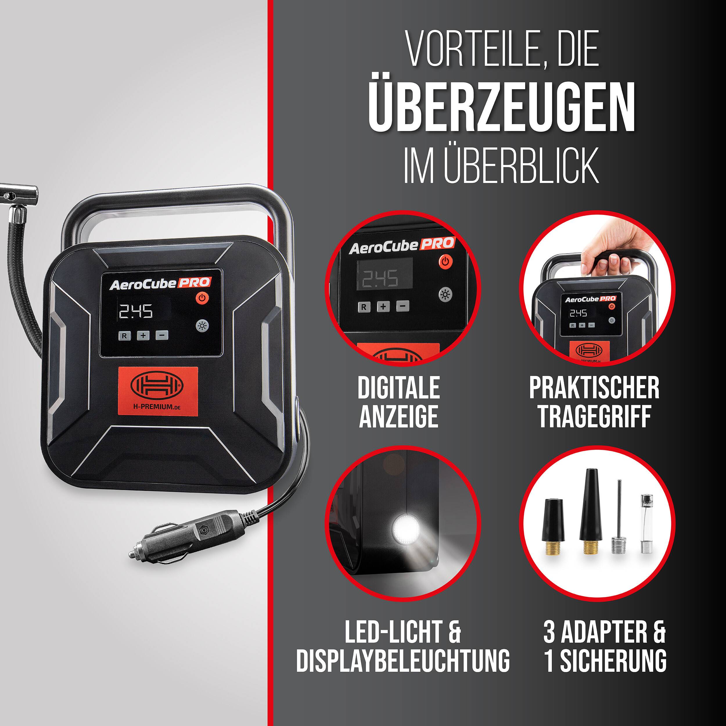 Werbebild eines tragbaren AeroCube PRO Luftkompressors mit dem Gerät und seinen Funktionen: digitales Display, praktischer Griff, LED-Licht, 3 Adapter und 1 Sicherung.