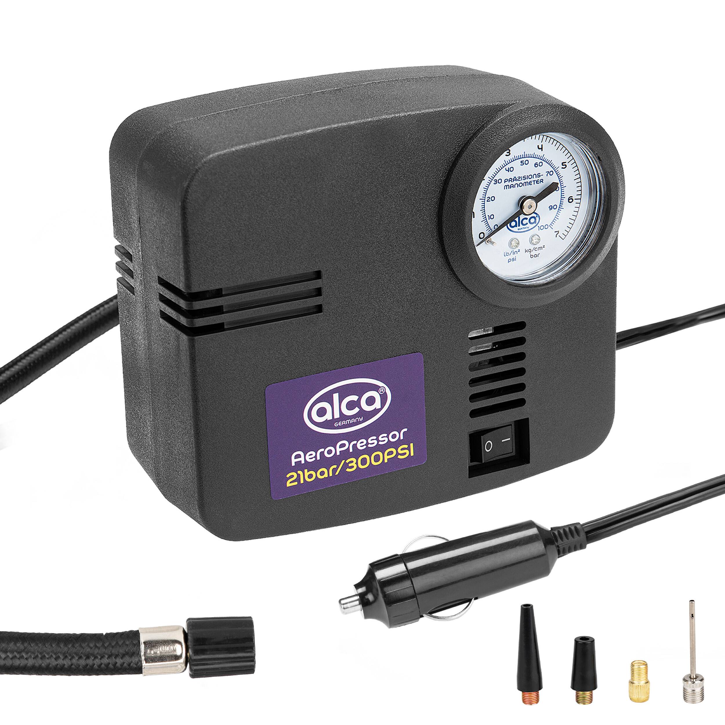 alca® Kompressor 12 V 21 bar Mini Elektro Luftpumpe Zigarettenanzünder Präzisions-Manometer, 4 Spezialadapter,