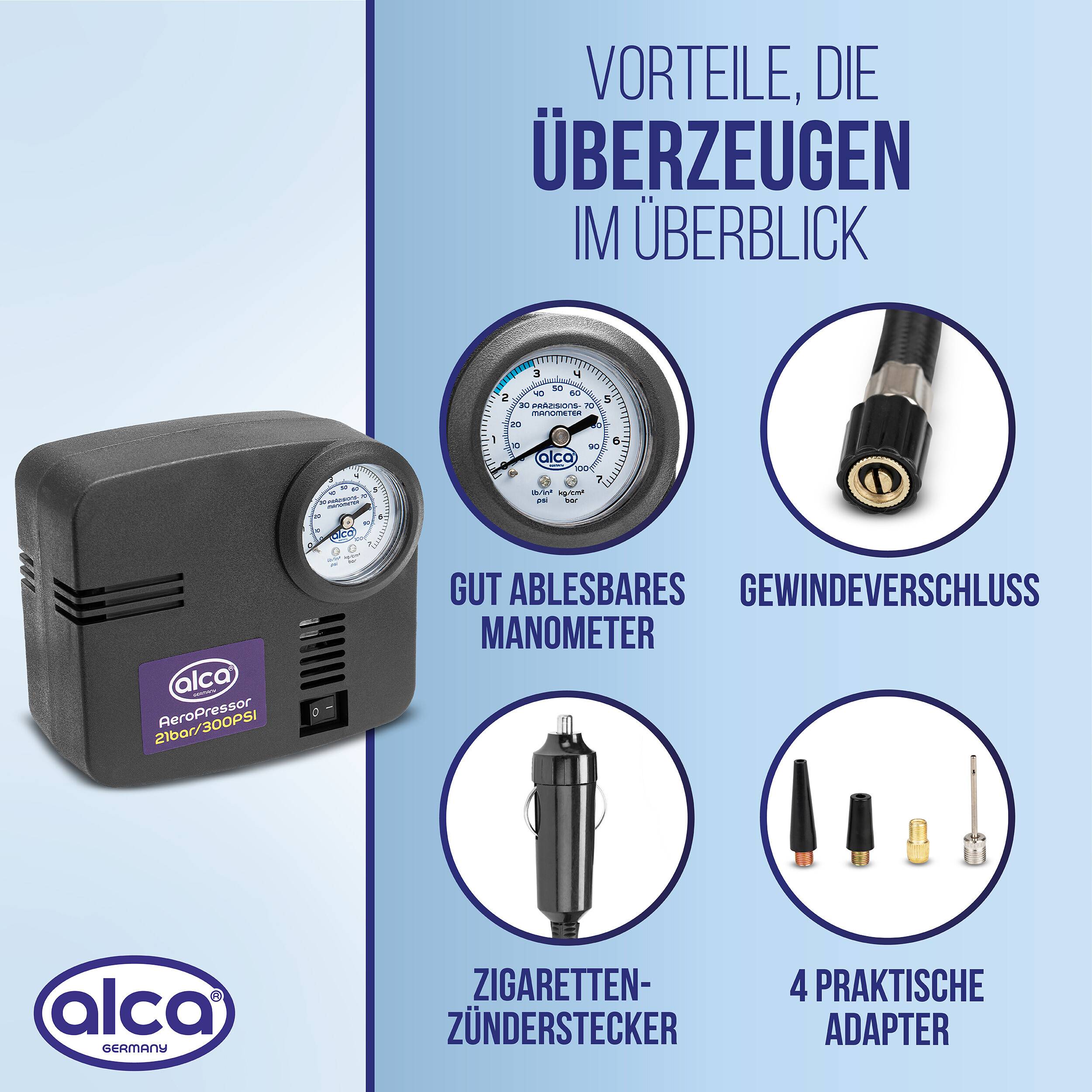 alca® Kompressor 12 V 21 bar Mini Elektro Luftpumpe Zigarettenanzünder Präzisions-Manometer, 4 Spezialadapter,