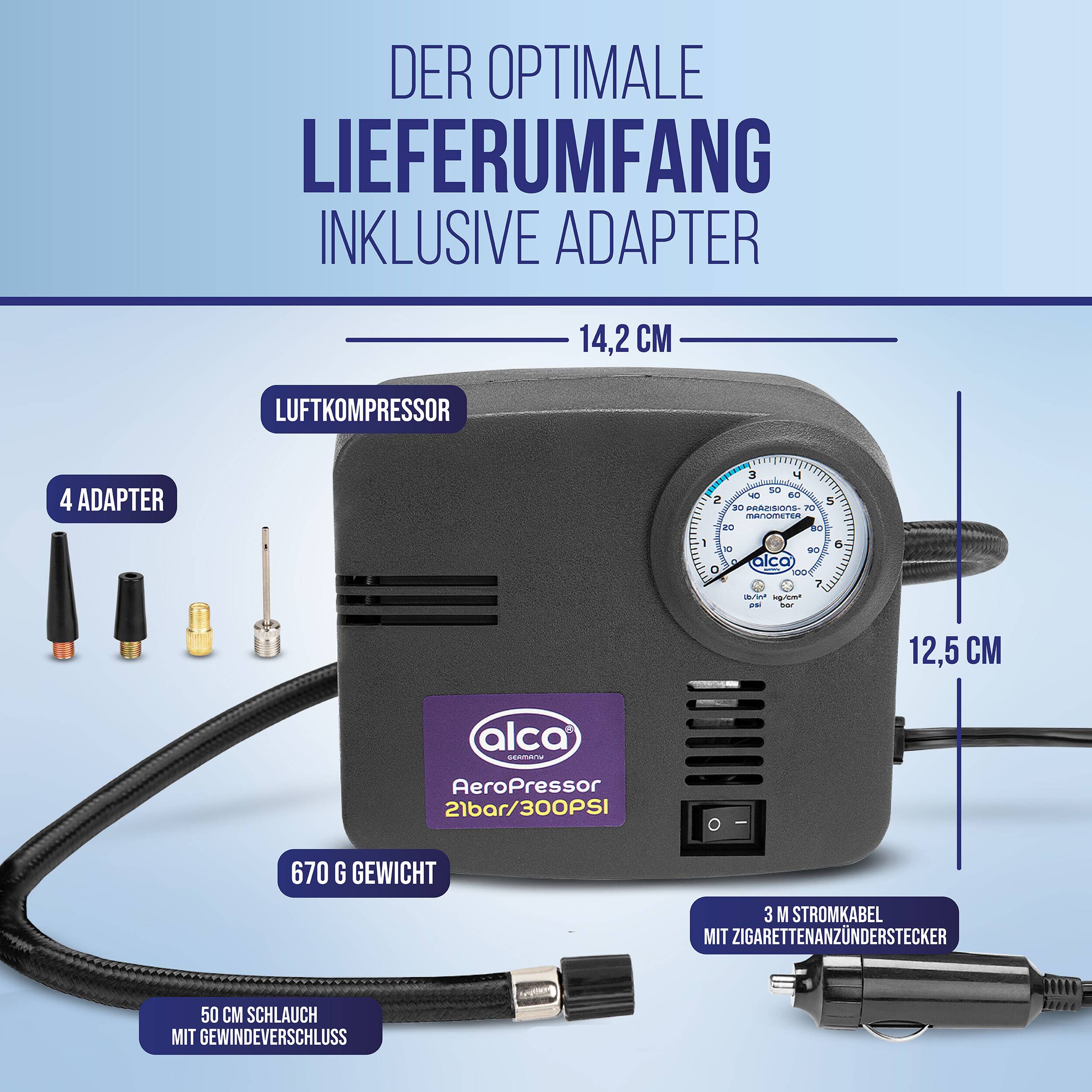 alca® Kompressor 12 V 21 bar Mini Elektro Luftpumpe Zigarettenanzünder Präzisions-Manometer, 4 Spezialadapter,