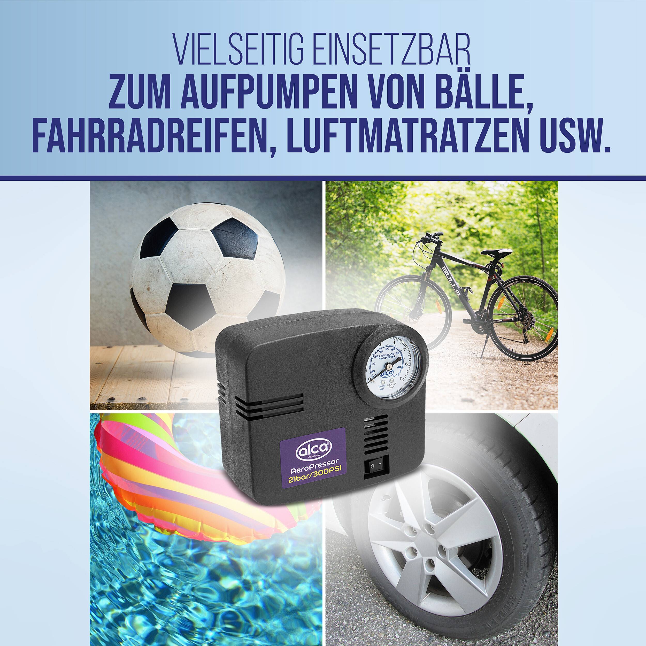 alca® Kompressor 12 V 21 bar Mini Elektro Luftpumpe Zigarettenanzünder Präzisions-Manometer, 4 Spezialadapter,