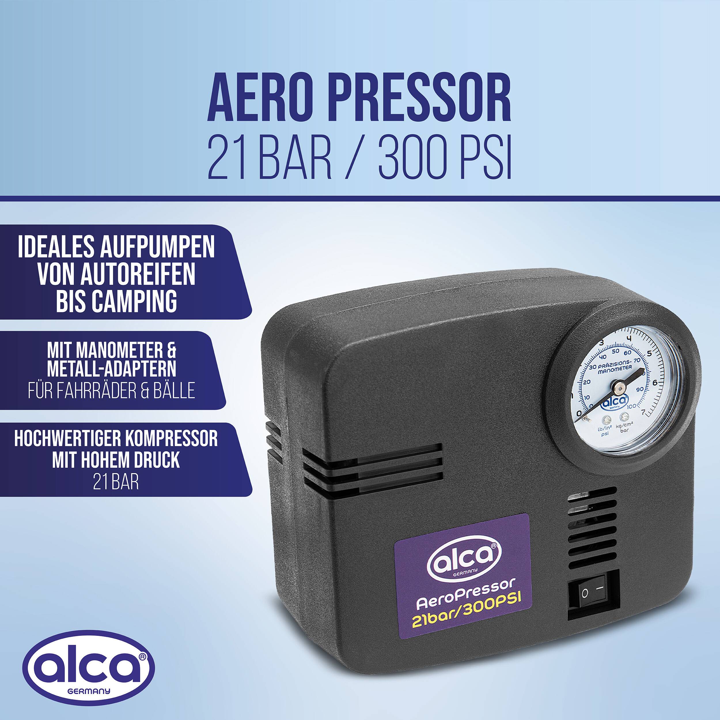 alca® Kompressor 12 V 21 bar Mini Elektro Luftpumpe Zigarettenanzünder Präzisions-Manometer, 4 Spezialadapter,