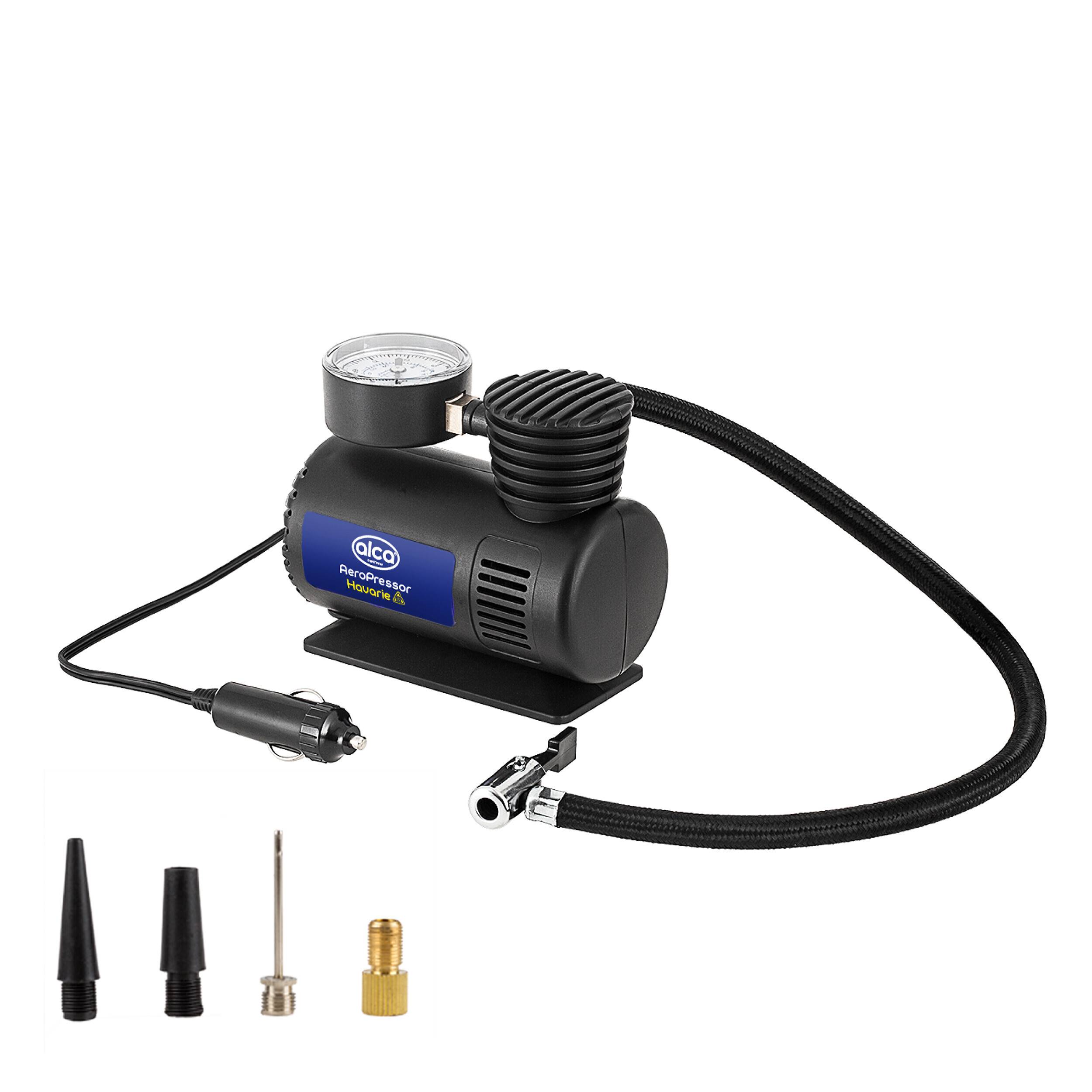 Tragbarer Autoluftcompressor mit Düsenaufsätzen, Netzteil und Druckmanometer, entwickelt zur effizienten Reifenaufblasung.