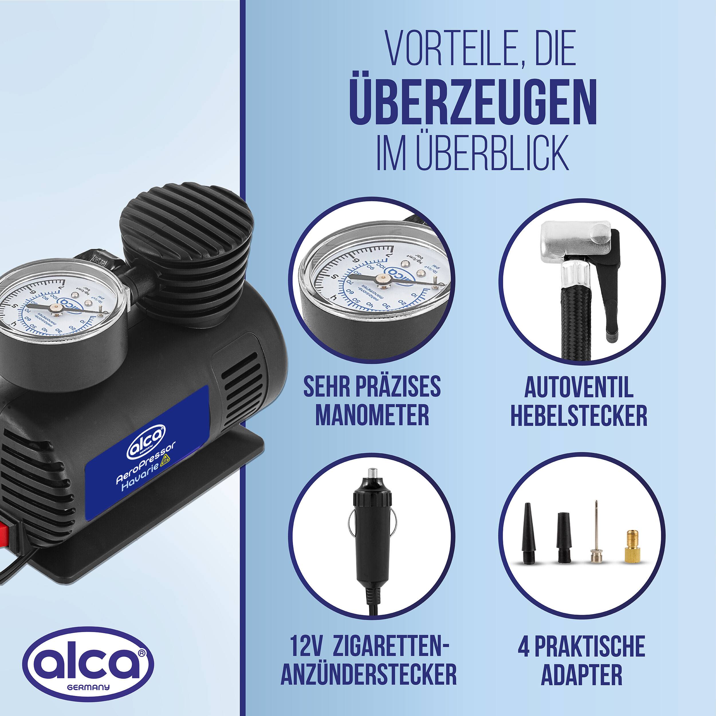 Infografik eines Alca-Autoreifenaufpumpgeräts mit Druckmessgerät, Autoventilanschluss, 12-V-Zigarettenanzünder-Stecker und 4 Adaptern.