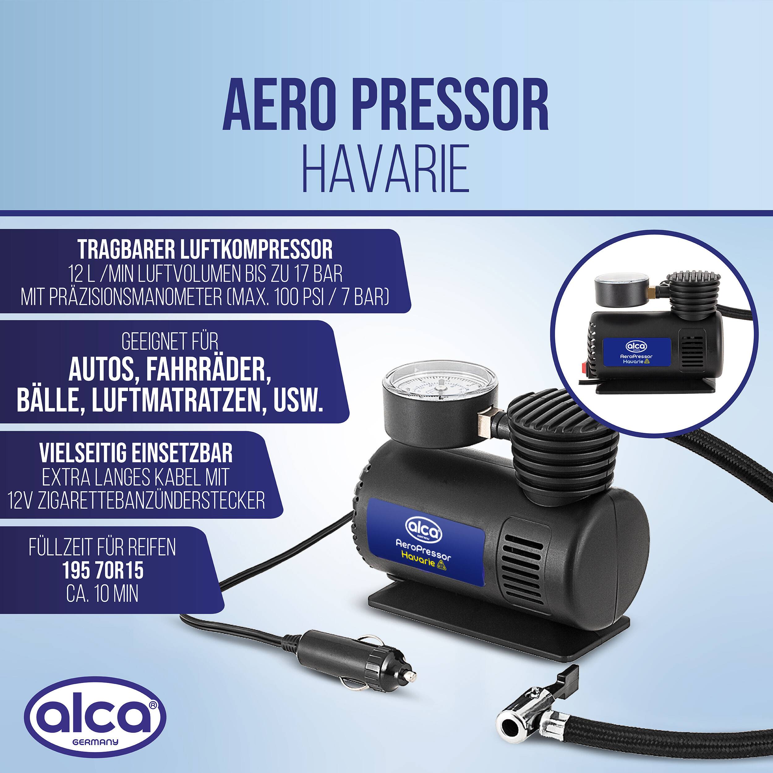 AERO PRESSOR HAVARIE Tragbarer Luftkompressor mit Schlauch, Autostecker und Druckmesser; verspricht 12 L/min bis 17 bar, für Reifen und aufblasbare Gegenstände.