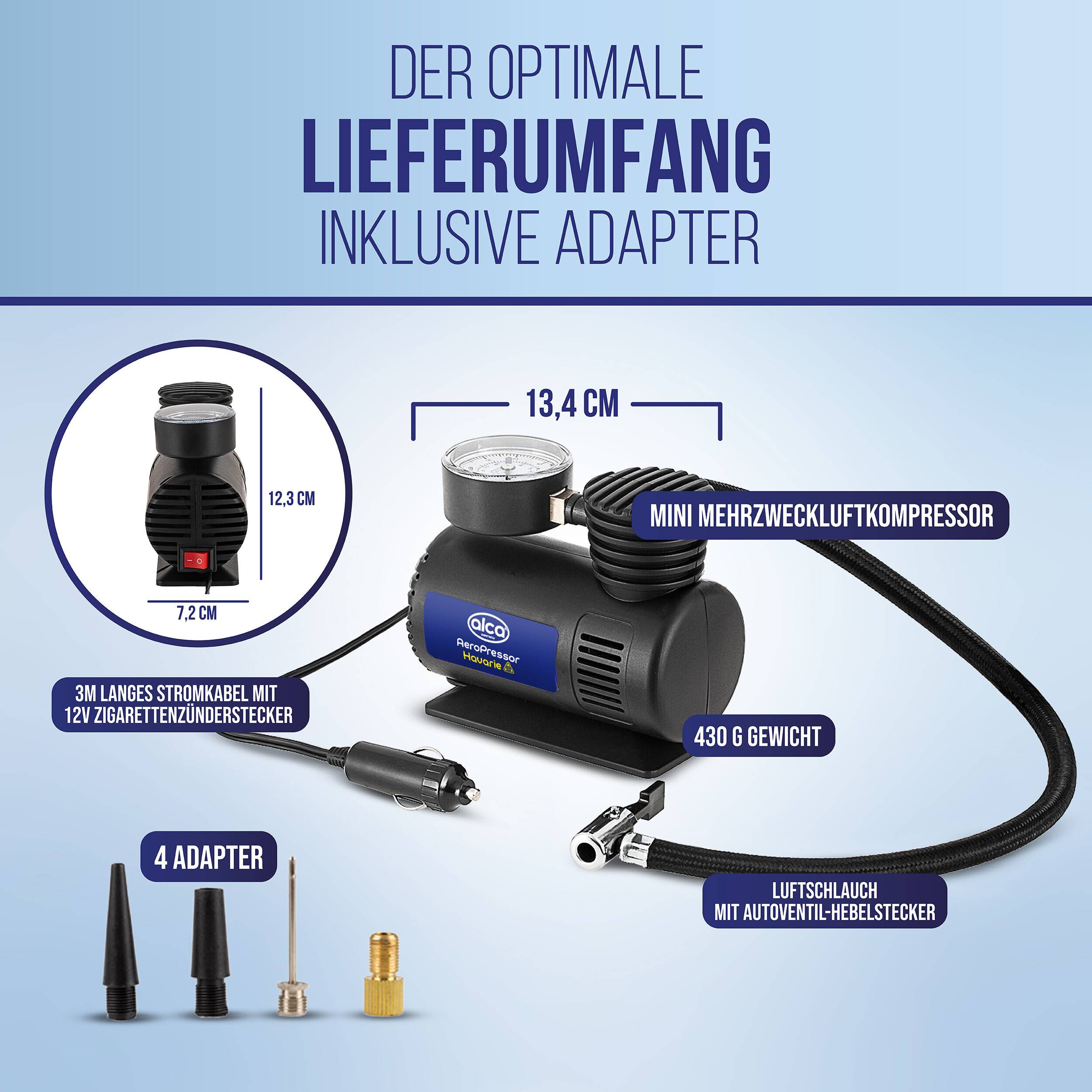 Infografik eines Mini-Luftkompressors mit mitgeliefertem Adapter, zeigt Größenabmessungen, 3m 12V-Autostecker-Kabel, Luftschlauch mit Reifenventil-Stecker und 4 Adapter-Düsen.