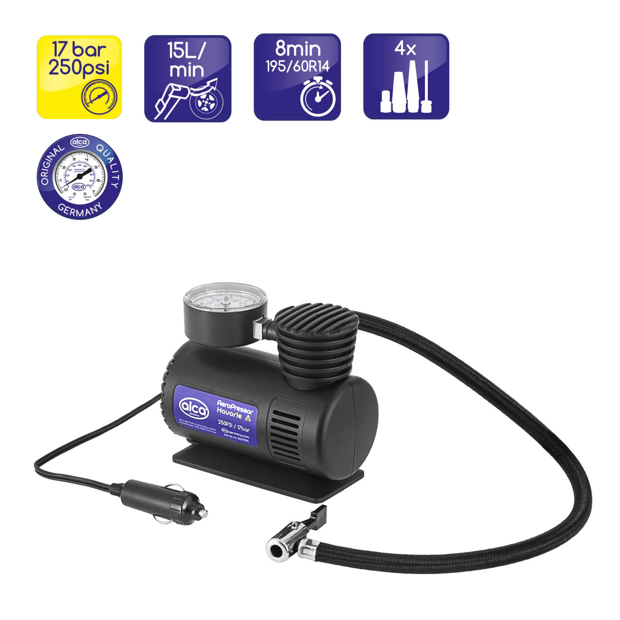 alca® Mini Auto Kompressor, elektrische Luftpumpe, tragbarer Luftkompressor, 12V, 17 bar